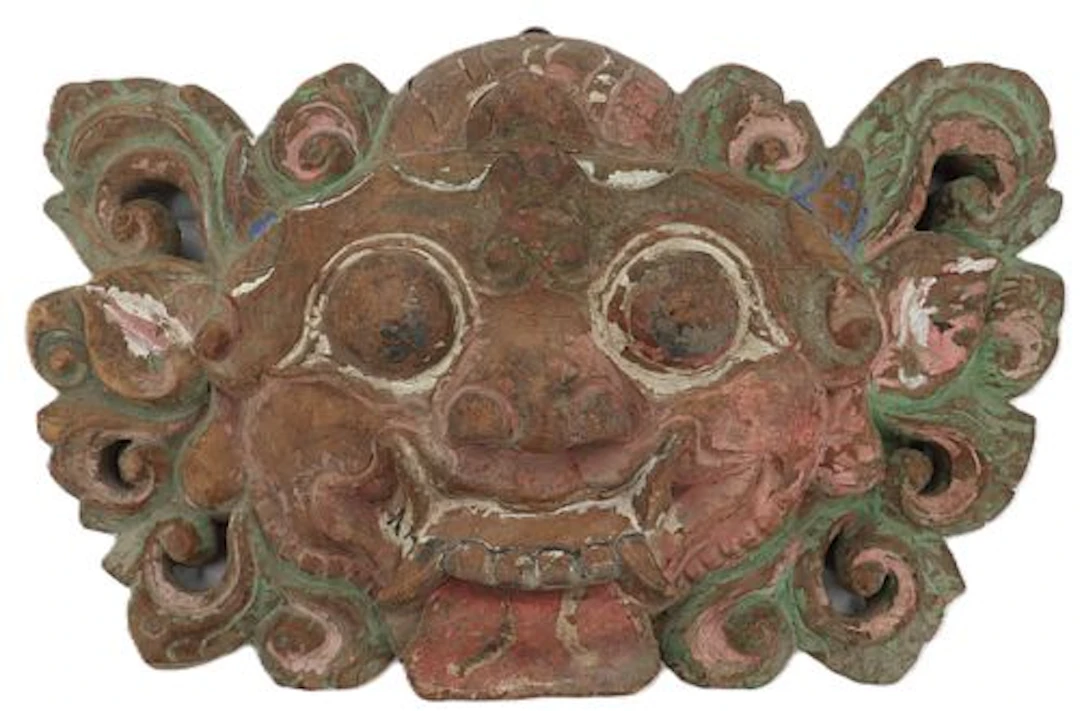 Large 18th Century Balinese Barong Polychrome Enameled Carved Wood Mask