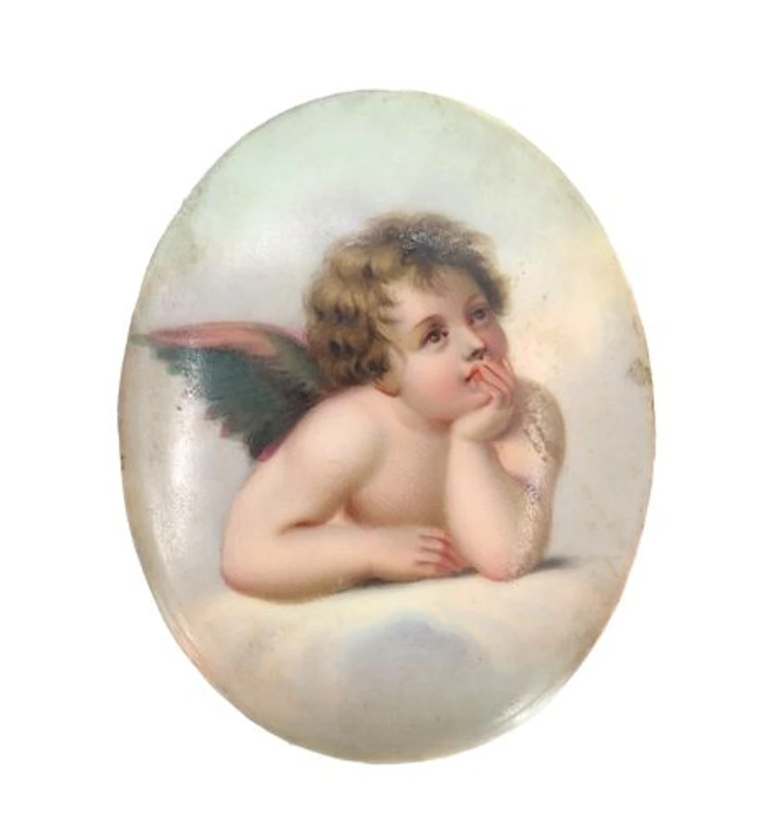Antique Hand Painted Porcelain Plaque with Cherub