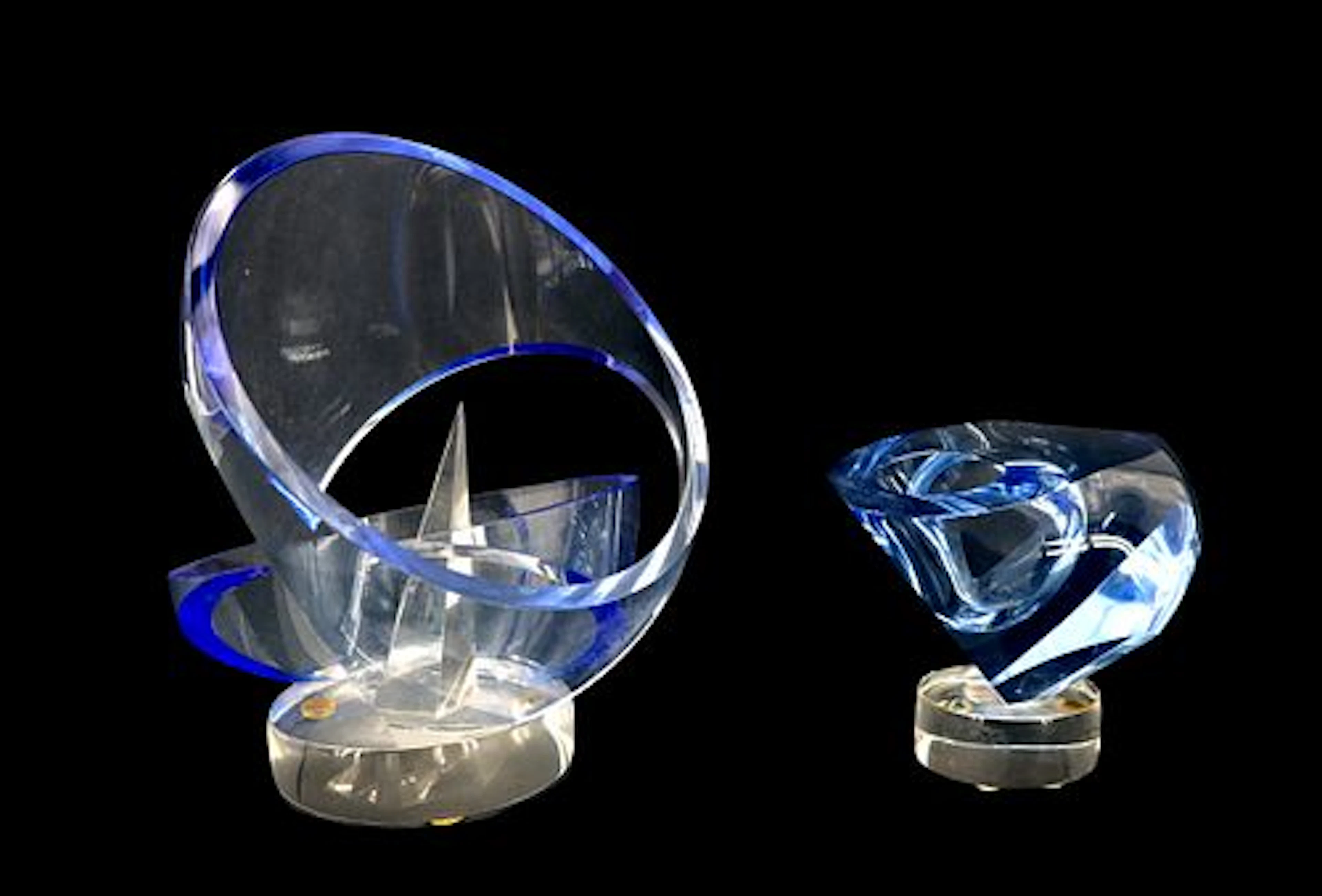 John Bingham (Born 1948) American, (2) Abstract Blue Hued Art Glass Sculptures