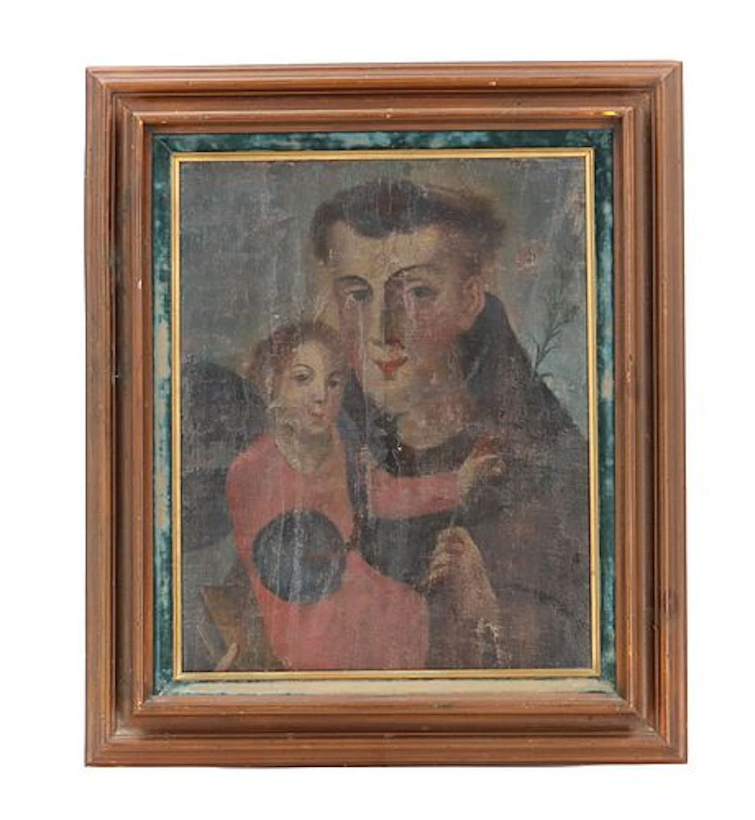 19th Century Devotional Oil Painting Saint Anthony of Padua Holding