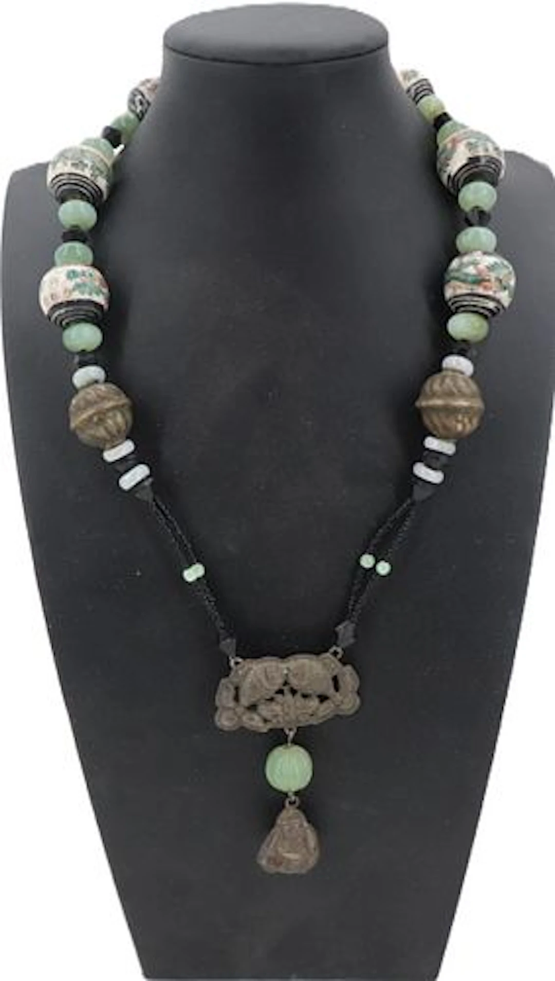 Chinese Necklace with Carved Dragon Hook, Hand Painted Porcelain Beads