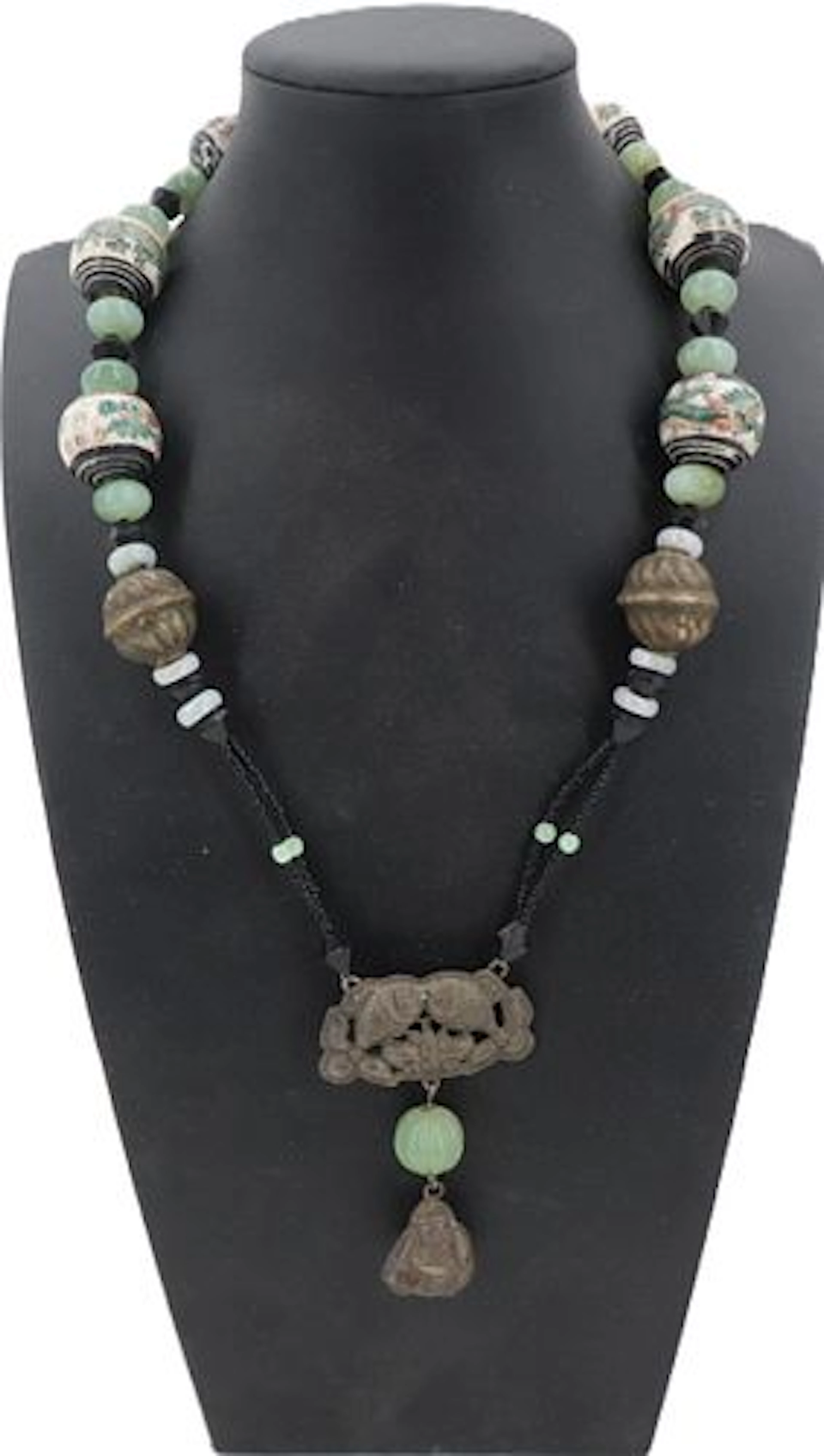 Chinese Necklace with Carved Dragon Hook, Hand Painted Porcelain Beads