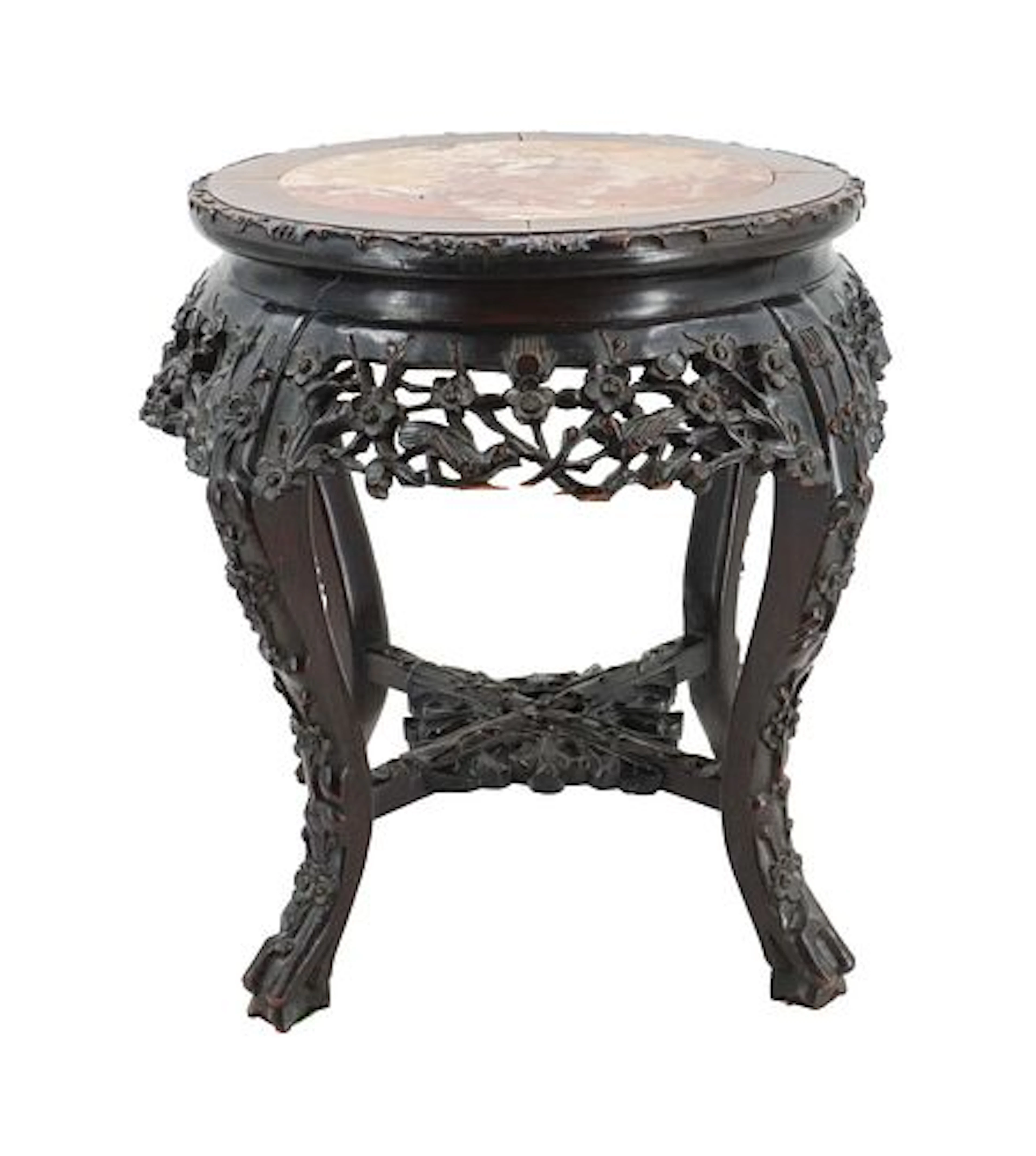 Antique Chinese Carved Hardwood and Marble Jardiniere Stand