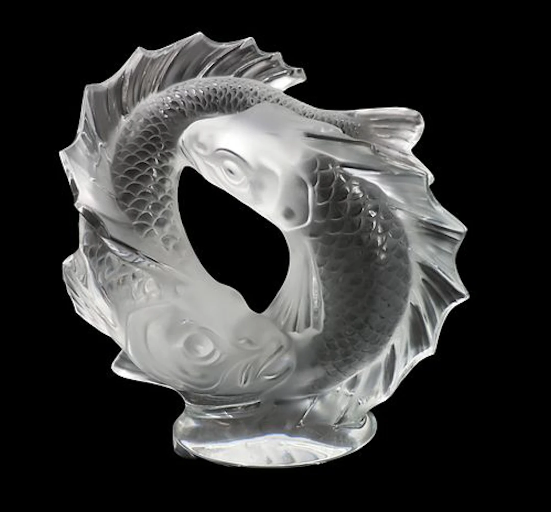 French Lalique 'Deux Poisson' Double Fish Crystal Sculpture