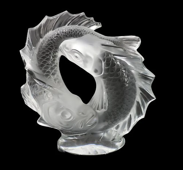French Lalique 'Deux Poisson' Double Fish Crystal Sculpture