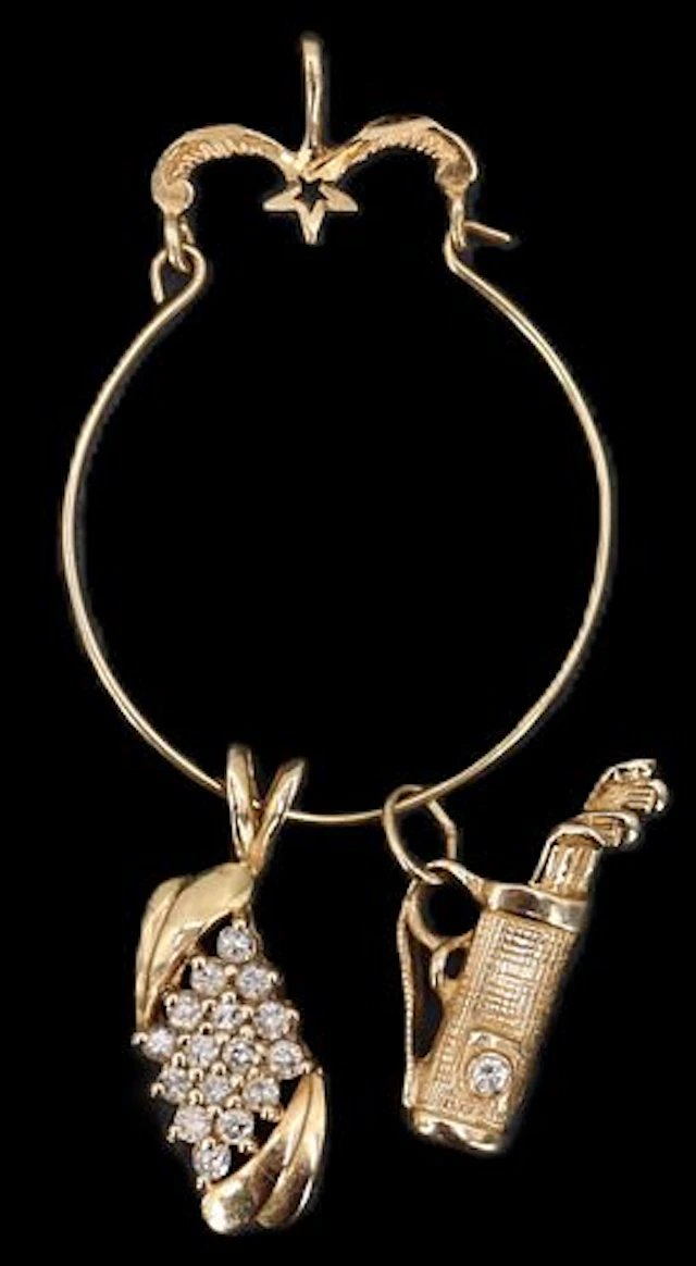 14k Gold Wire Charm Holder with (2) 14k Gold and Diamond Charms - Gross 4.6 g.