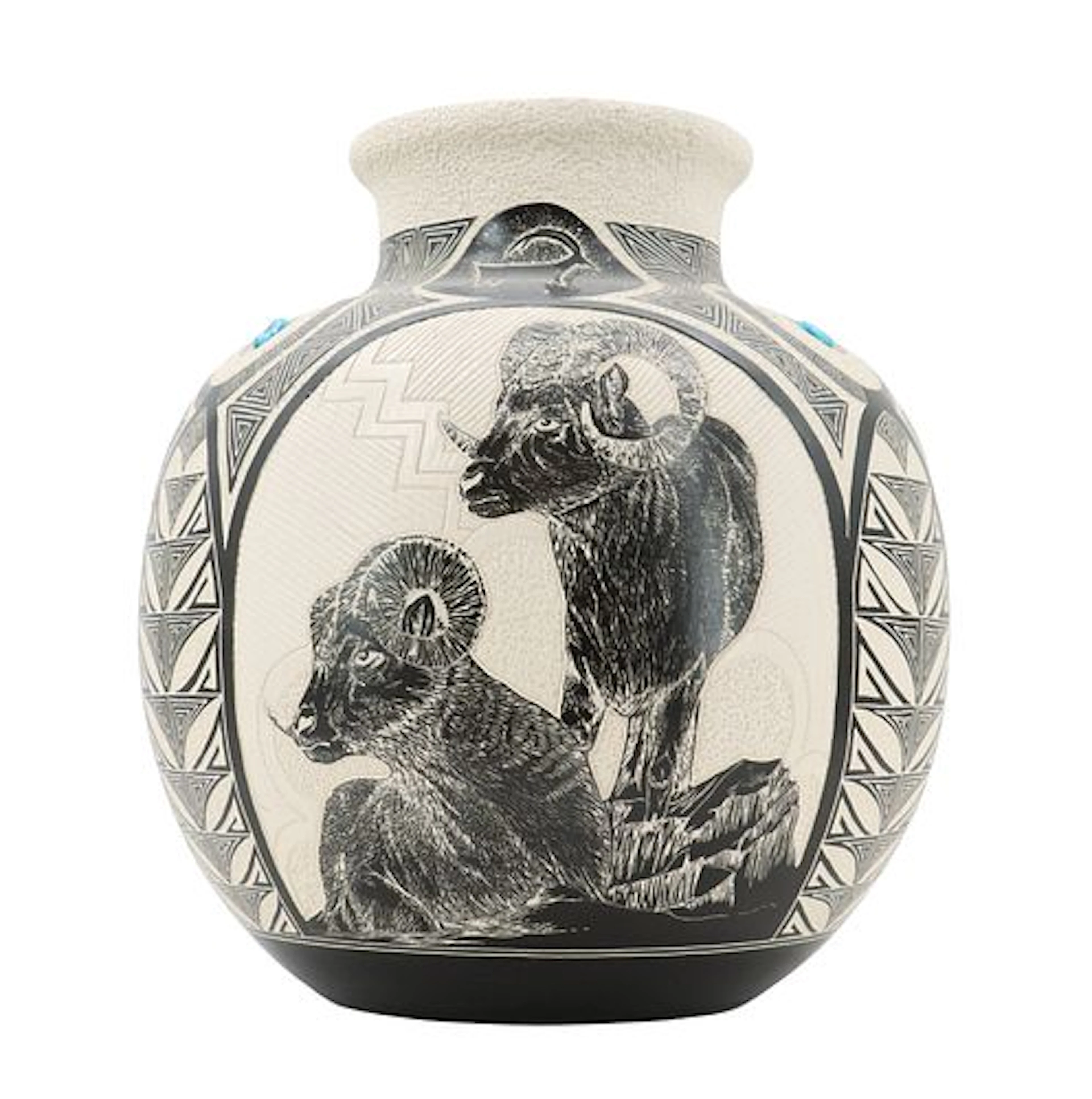 Rodney John (20th Century) Navajo, Hand-Etched Pottery and Turquoise Vase