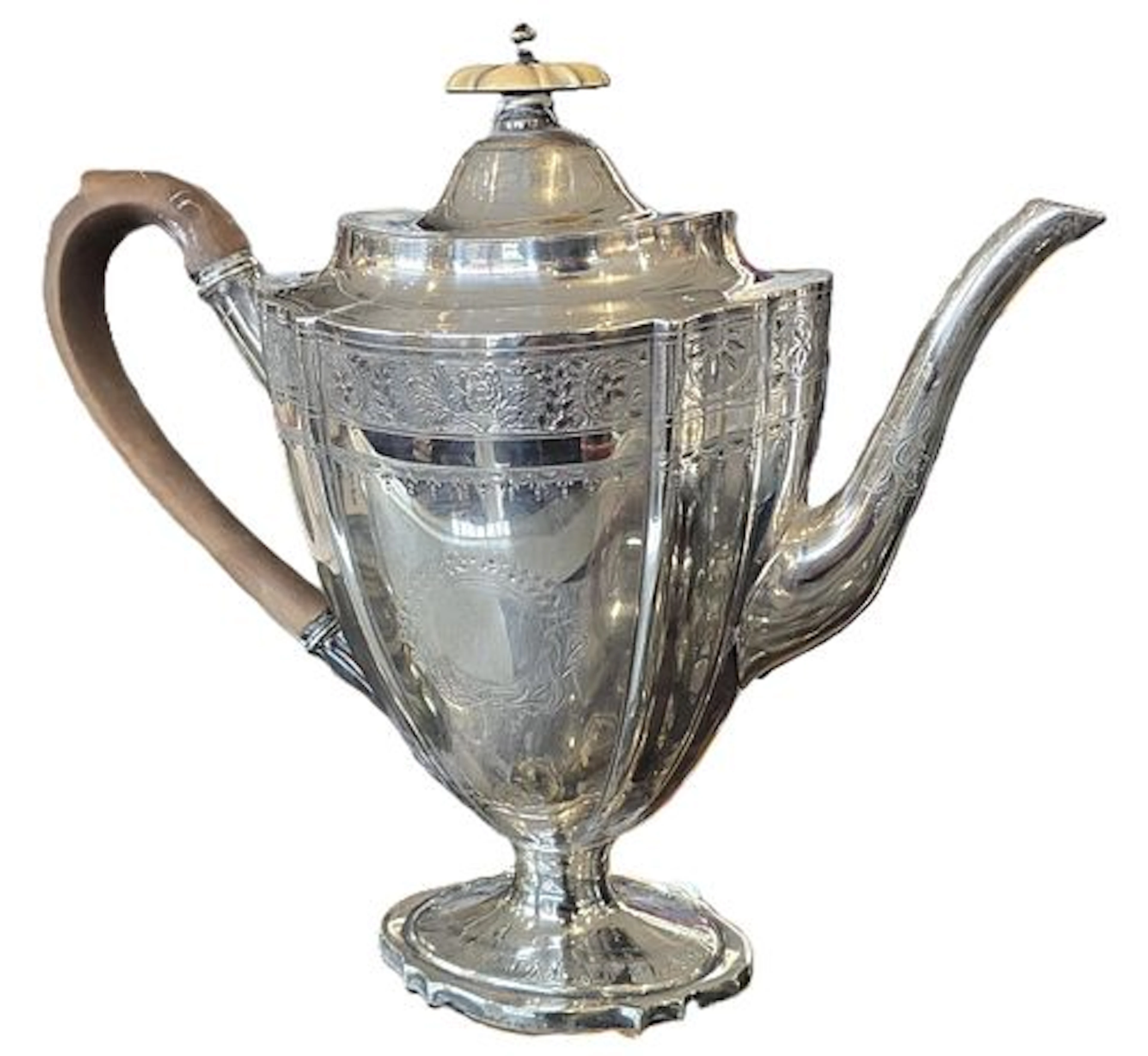 Antique English Sterling Silver Teapot with Wood Handle and Bone Finial