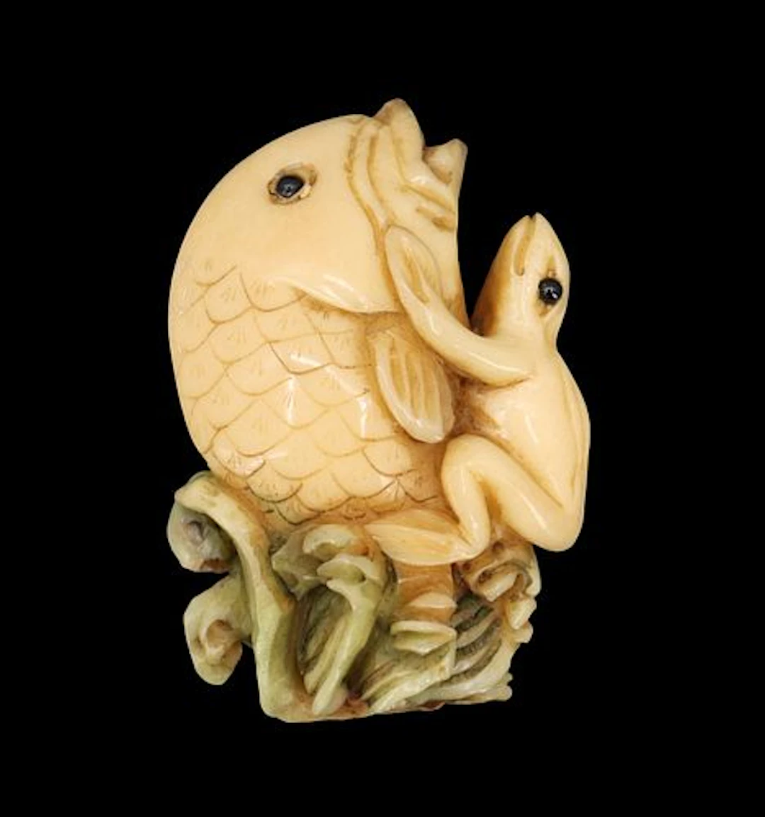 Japanese Carved Bone Netsuke of a Frog and Carp