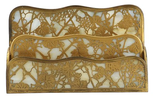 Tiffany Studios New York Bronze Dore and Slag Glass Letter Rack