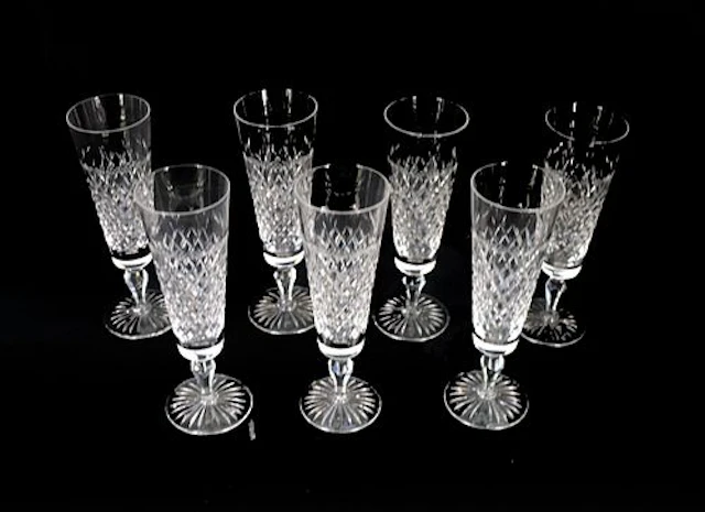 (7) English Stuart Cut Crystal Hardwicke Champagne Flutes