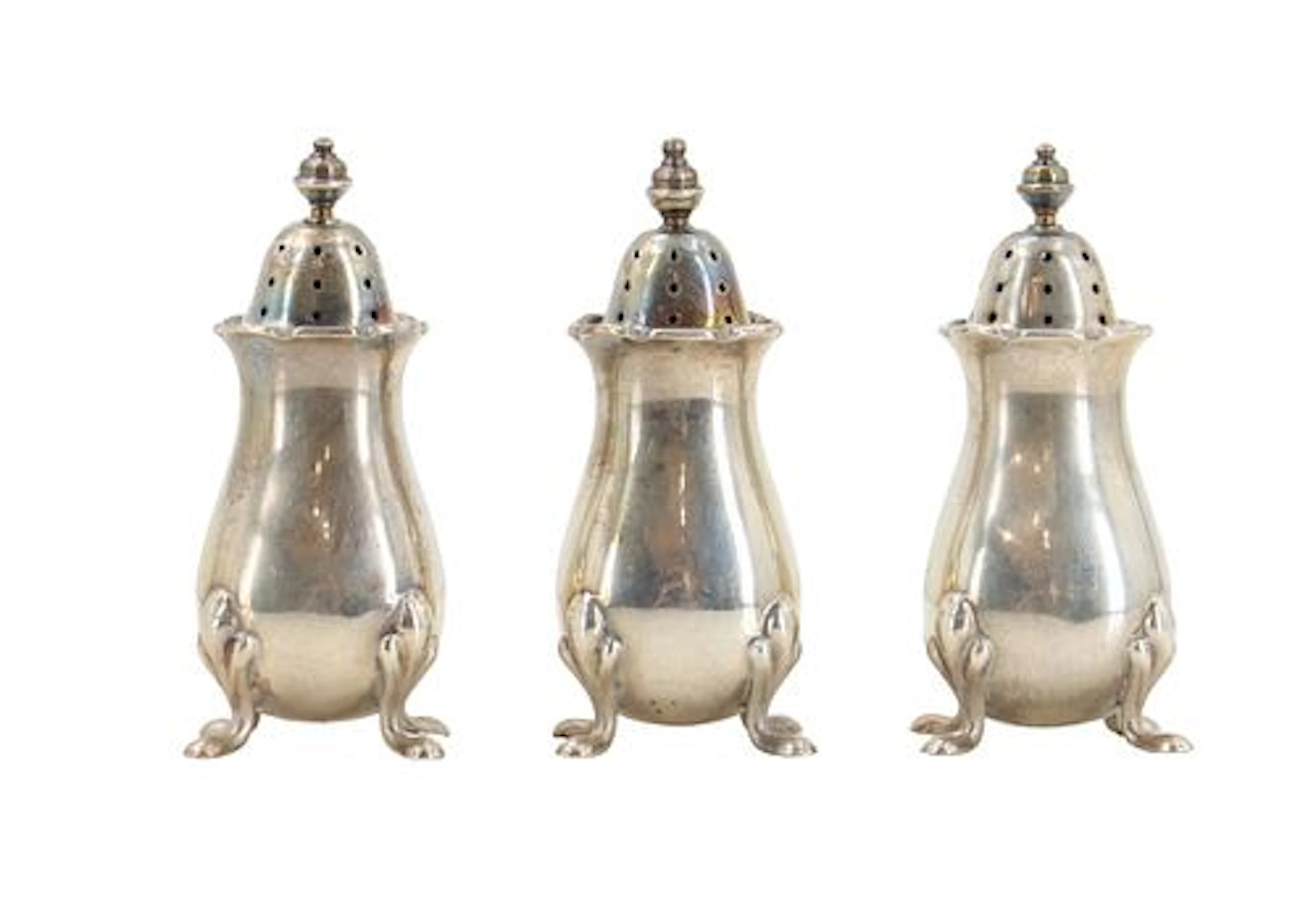 (3) English-Made Tiffany & Co. Sterling Silver Footed Salt and Pepper