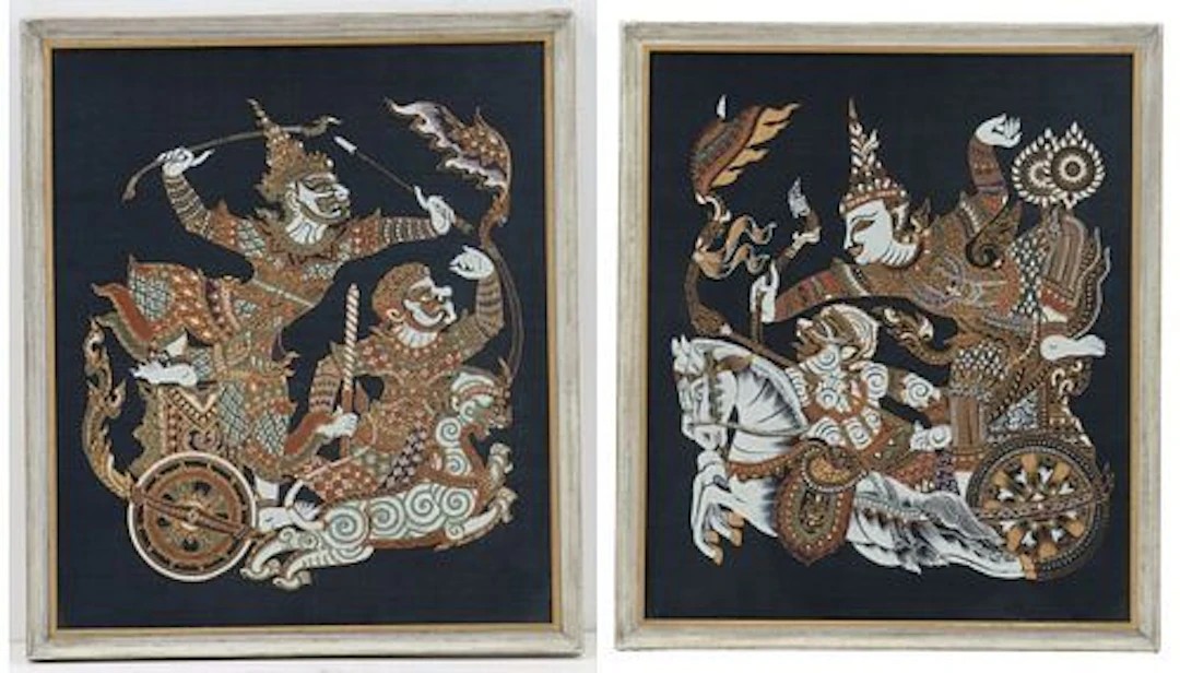 (2) Vintage Thai Mythological Figural Silk Paintings
