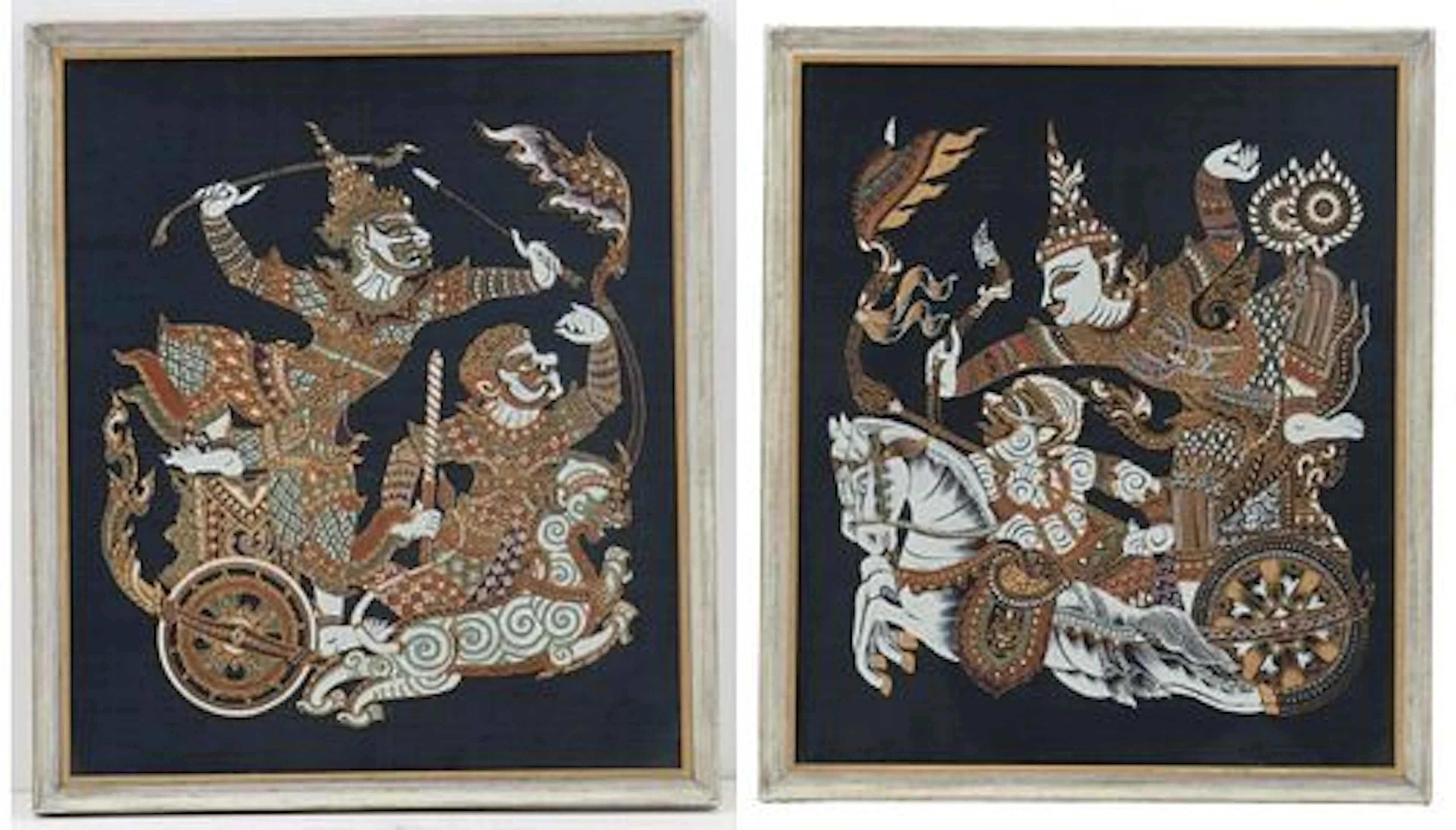 (2) Vintage Thai Mythological Figural Silk Paintings
