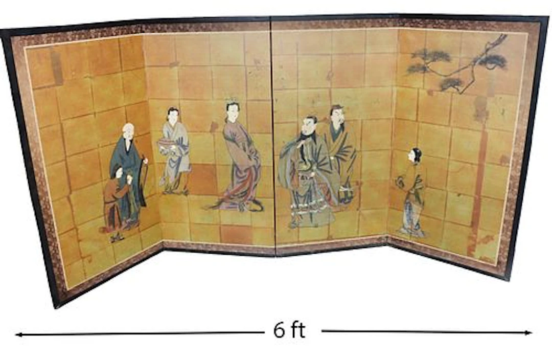 Japanese Four Panel Ink and Color Folding Screen