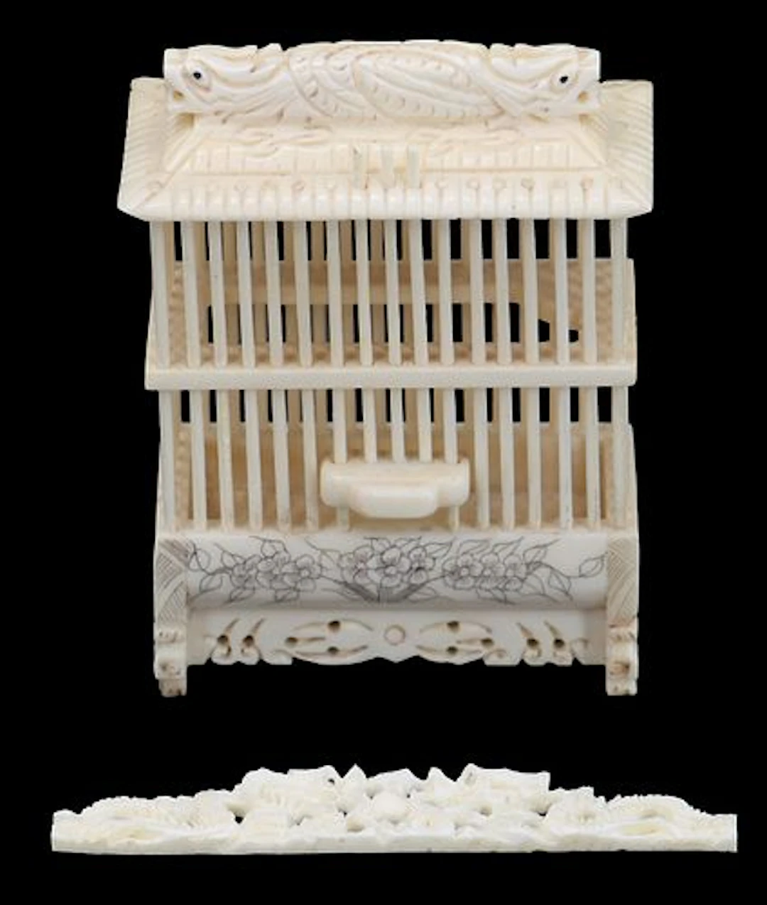 Antique Chinese Hand Carved Bone Cricket Cage with Floral Decoration