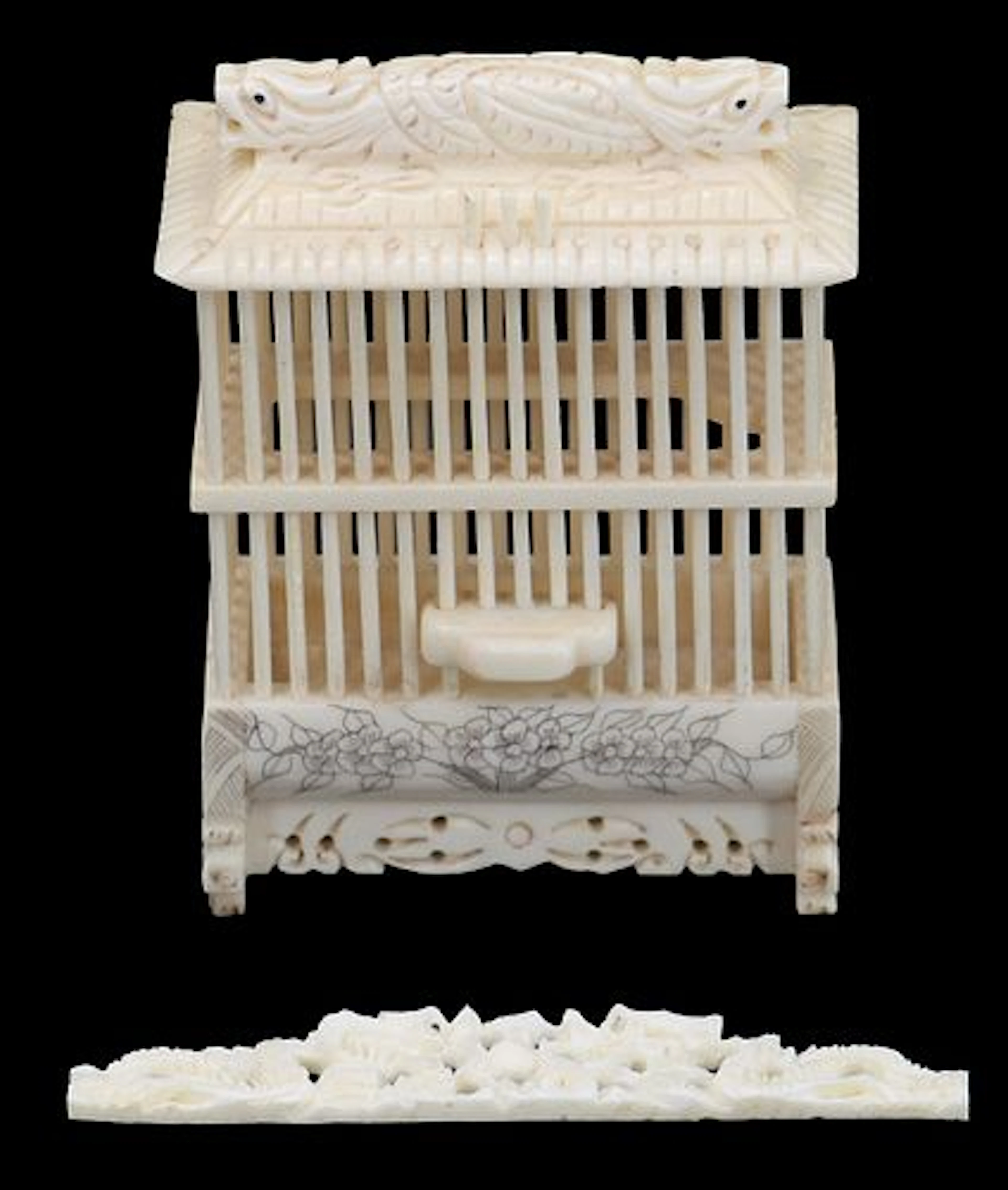 Antique Chinese Hand Carved Bone Cricket Cage with Floral Decoration