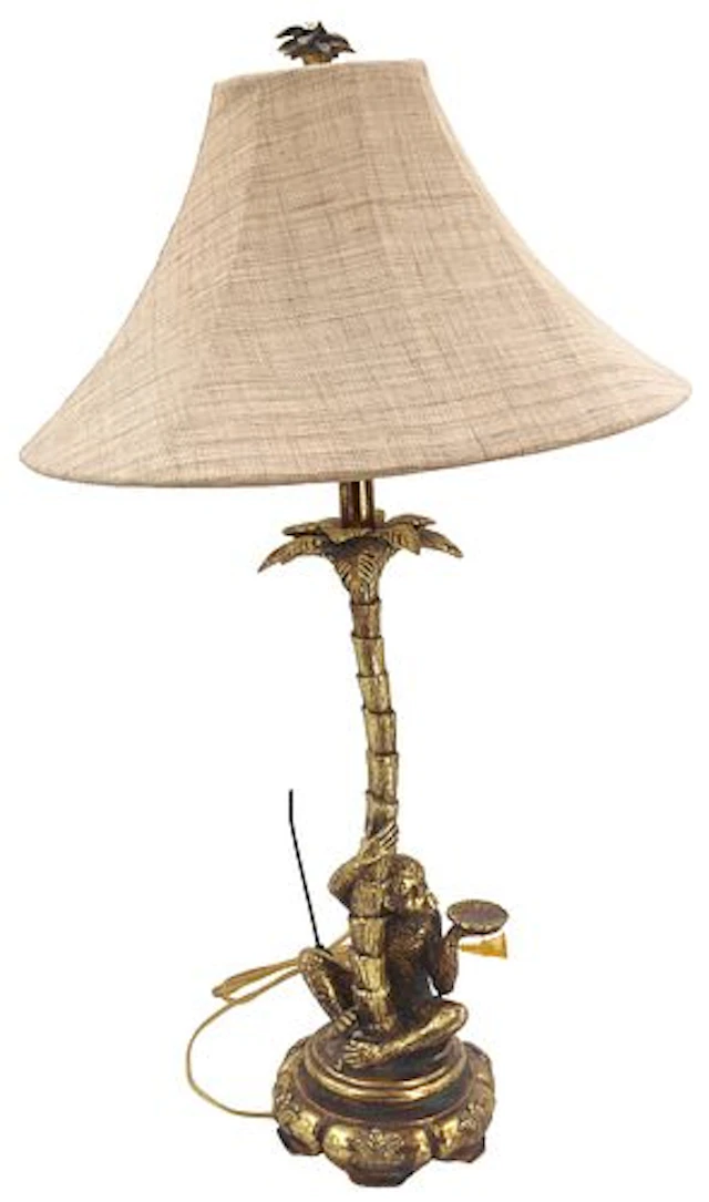 Vintage Hollywood Regency Metal Monkey and Palm Tree Table Lamp