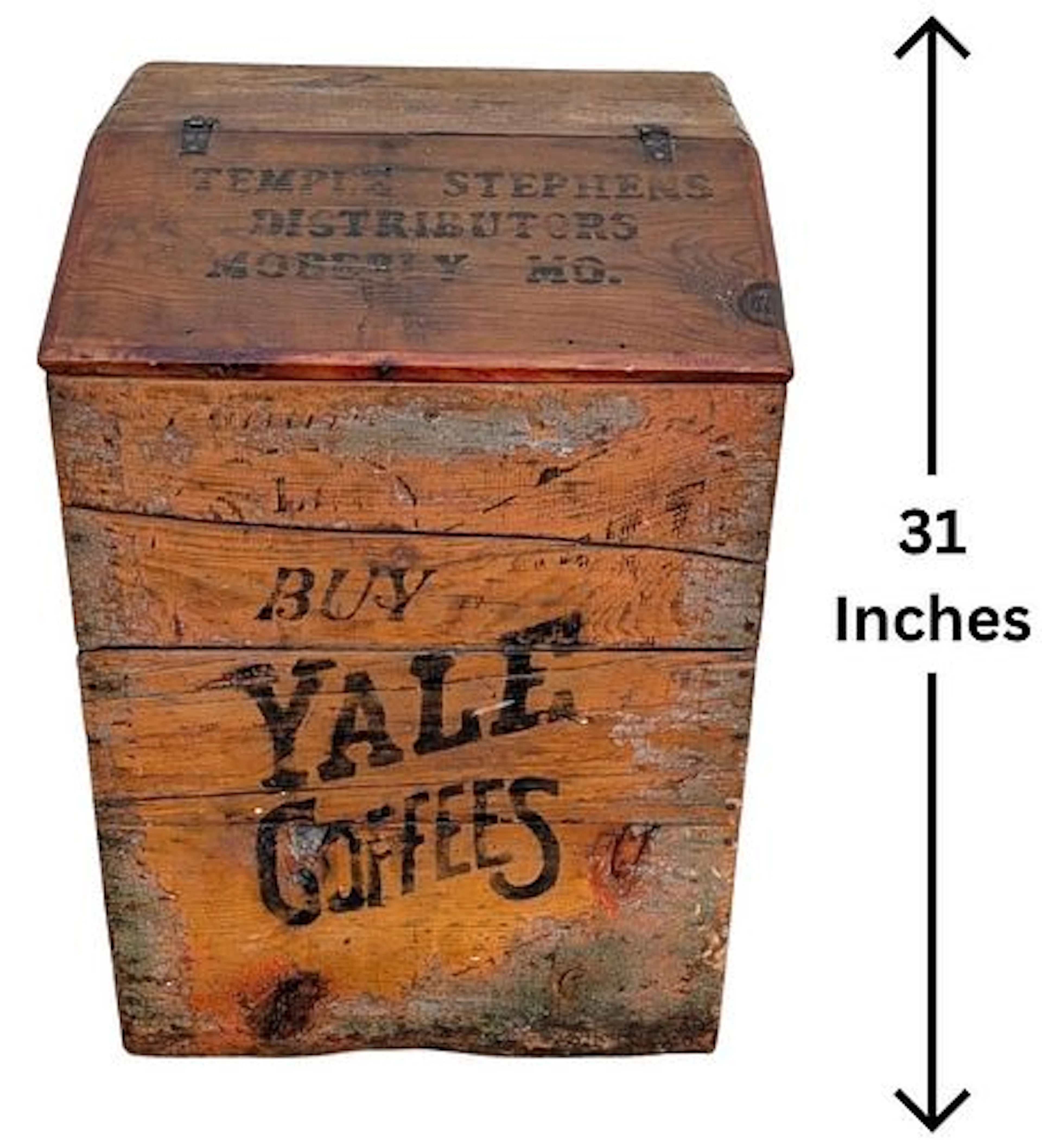 Antique Wooden Yale Brand Coffee Store Display Bin with Slanted Lift Lid