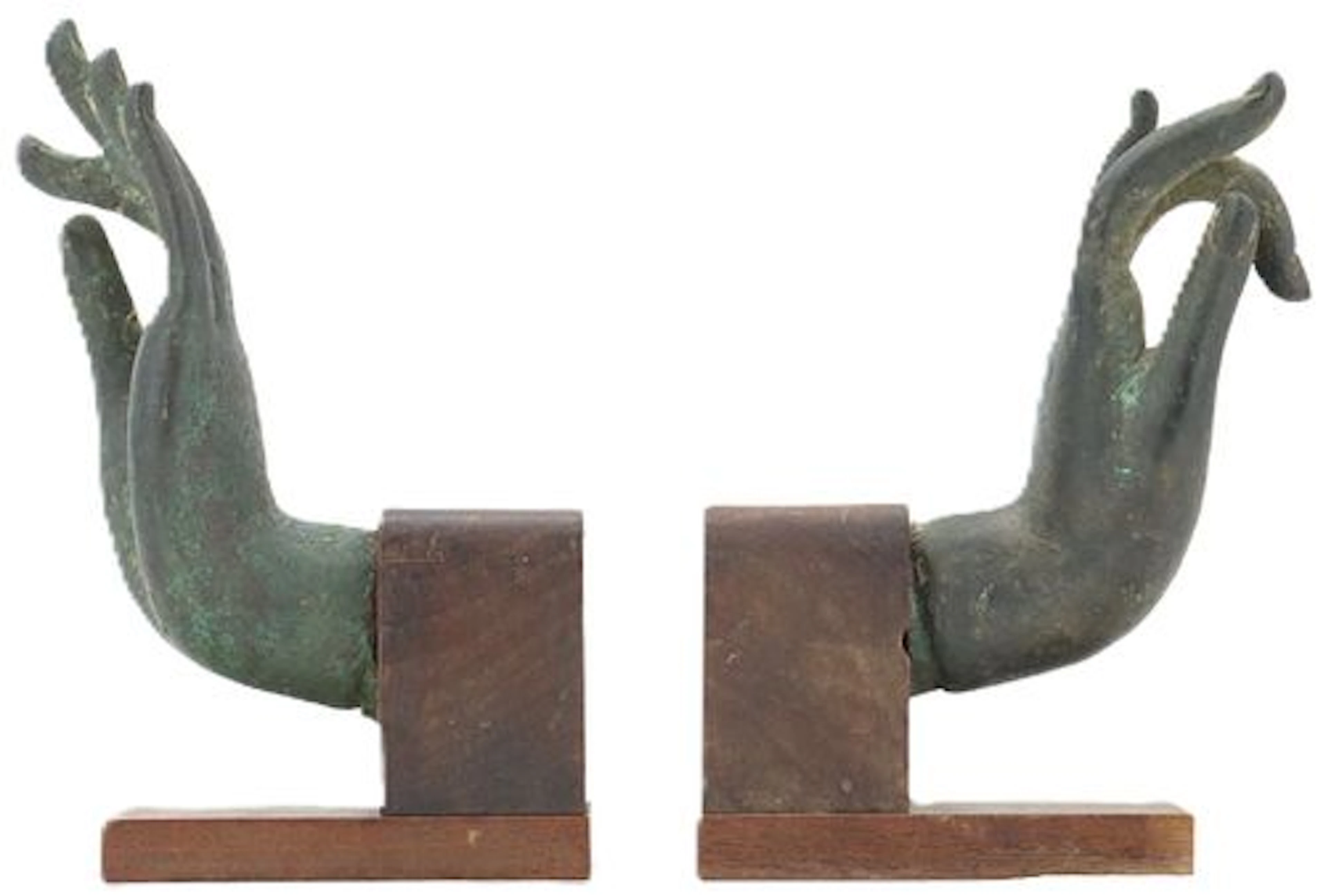 Set of Thai Bronze and Wood Buddha Hand in Mudra Position Book Ends