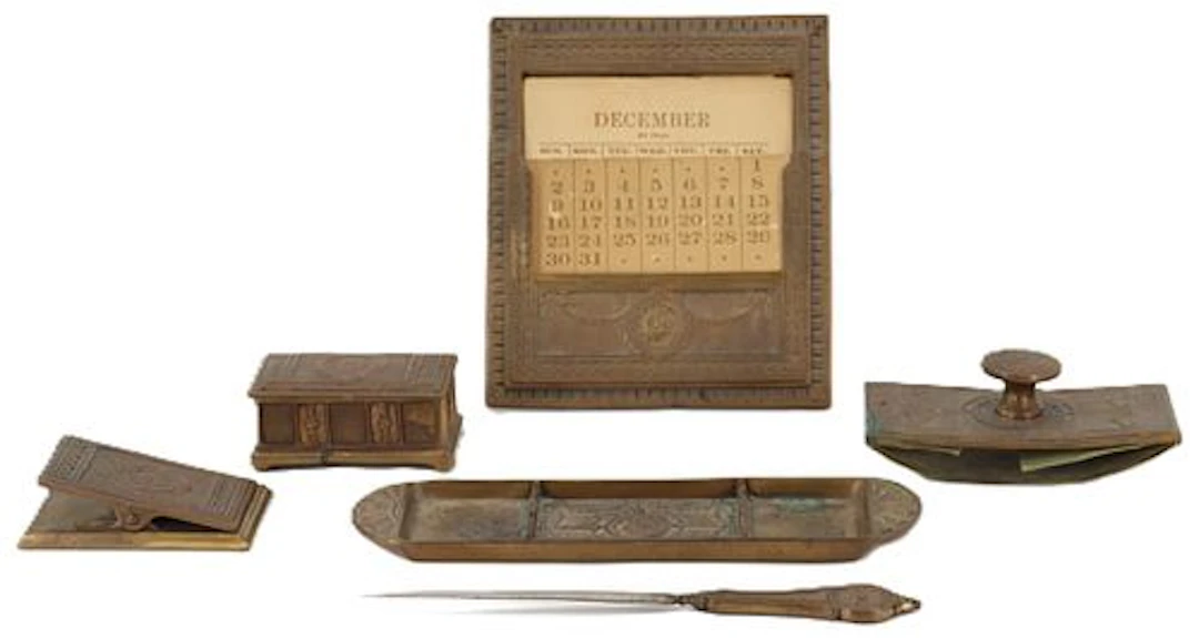 (6) Piece Mid 19th Century Tiffany Style Cast Bronze Desk Set