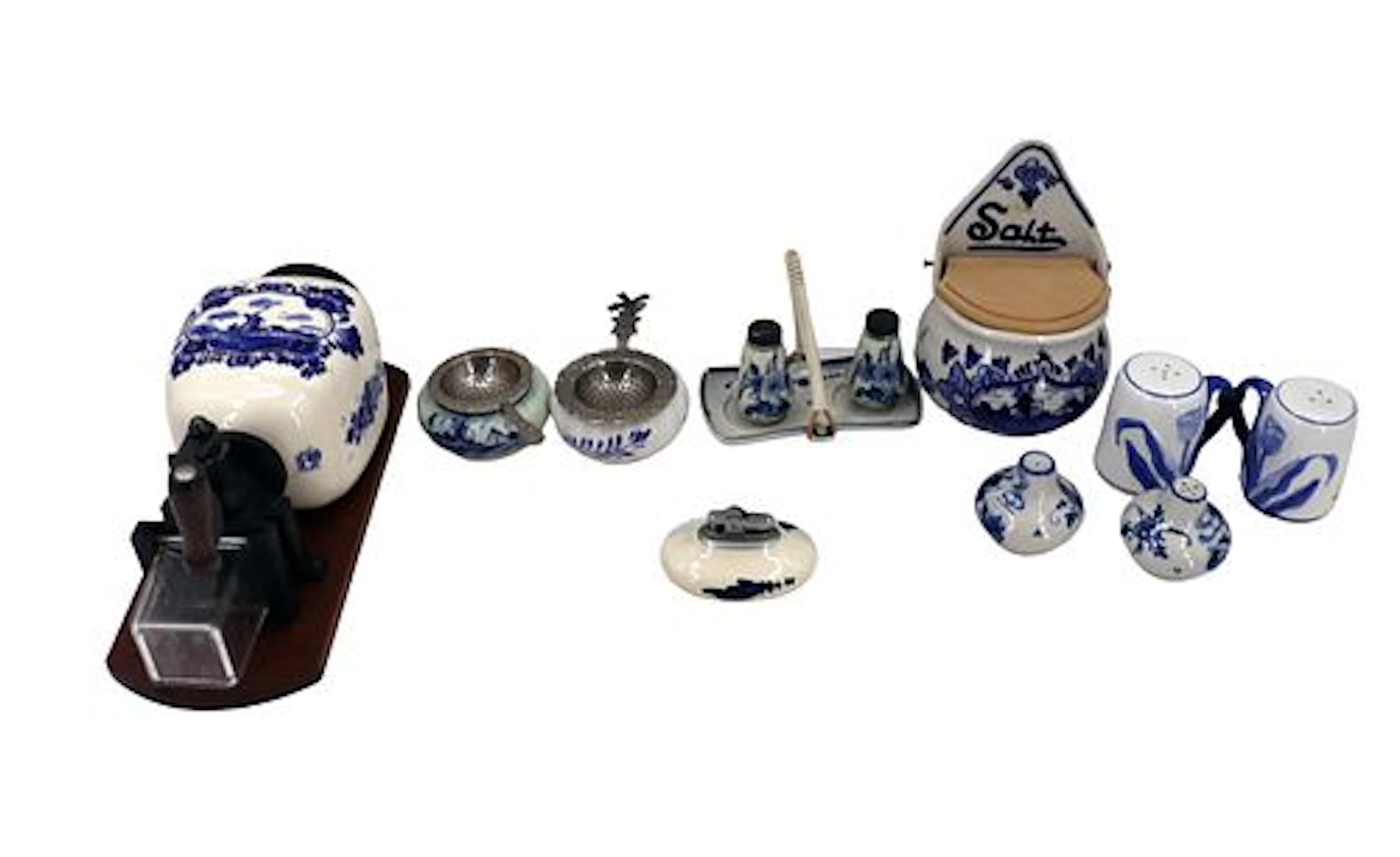 (12) Dutch Delft Blue and White Creamers, Sugar Pots, Coffee Grinder
