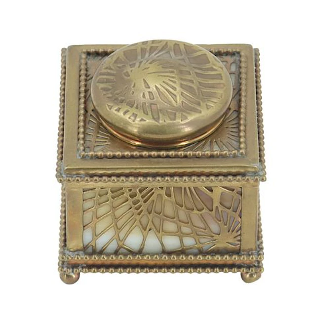 Antique Tiffany Studios New York "Pine Needle" Pattern Bronze Inkwell