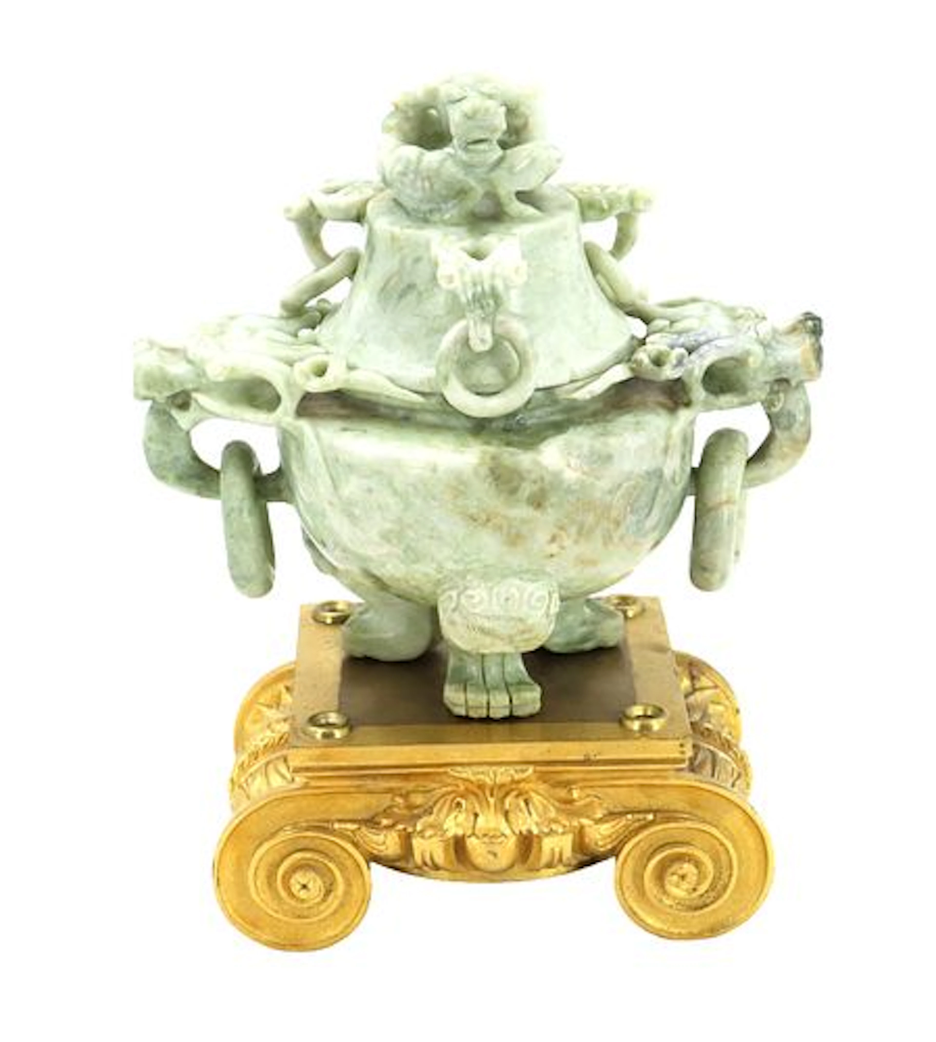 Chinese Qing Dynasty Carved Jade Dragon Incense Burner On Base
