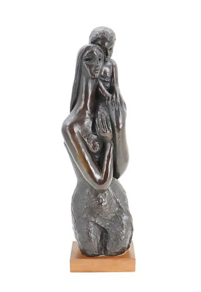 Bronze Kneeling Mother and Child Statue on Wood Base