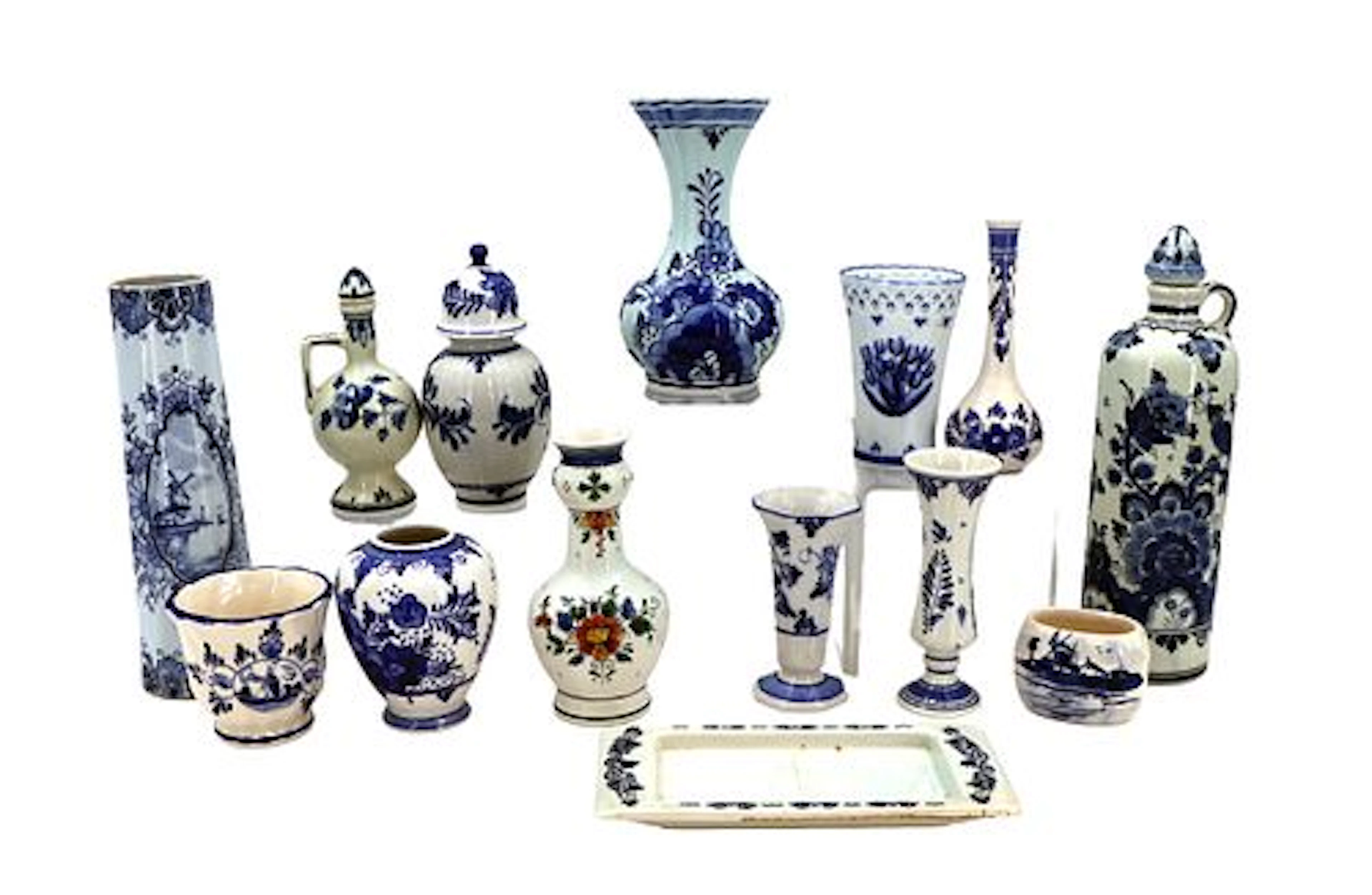 (14) Dutch Delft Blue and White Vessels and Tableware