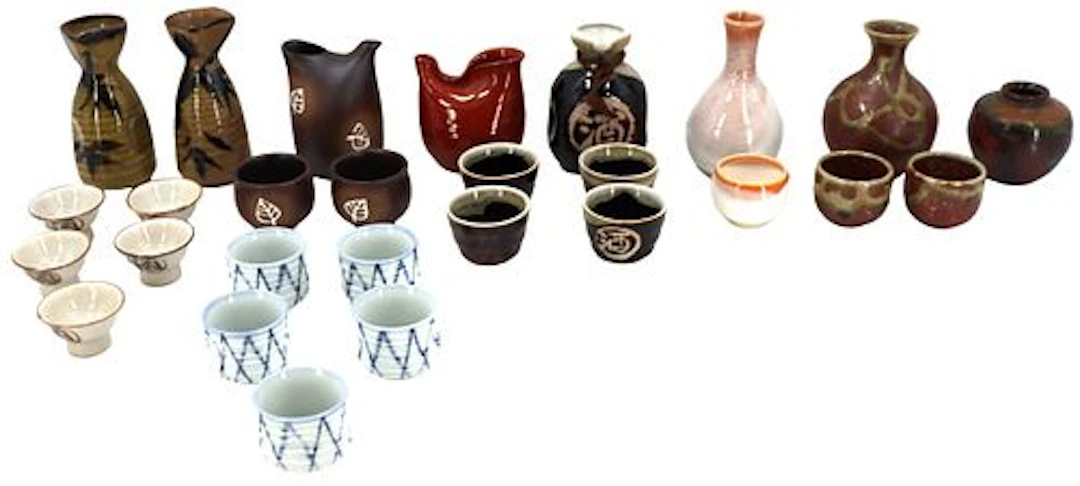 (27) Japanese Ceramic Sake Serving Cups and Bottles
