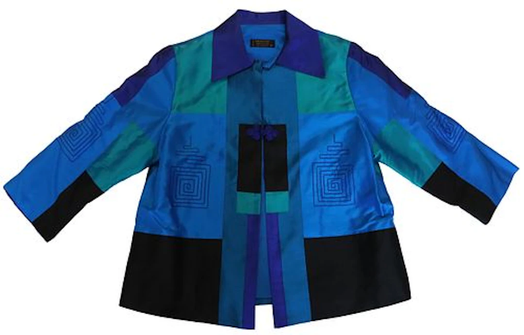Handmade Thai Silk Color Block Patchwork Jacket with Geometric Embroidery