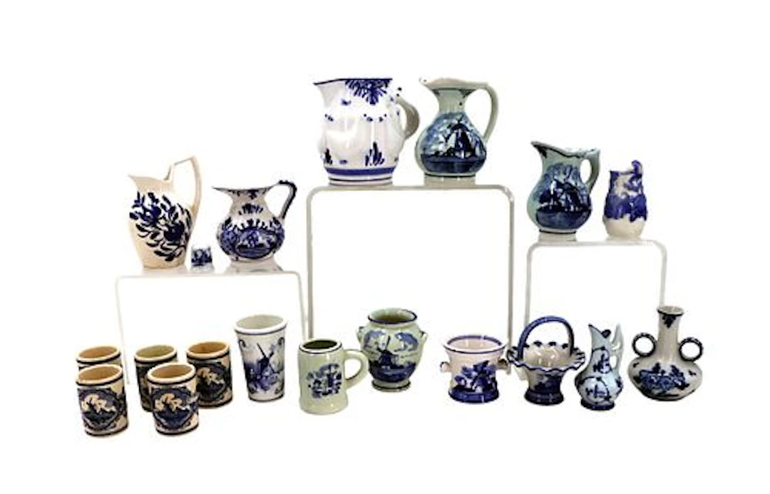 (18) Small Dutch Delft Blue and White Ceramic Pitchers, Tumblers, Mugs, Vases