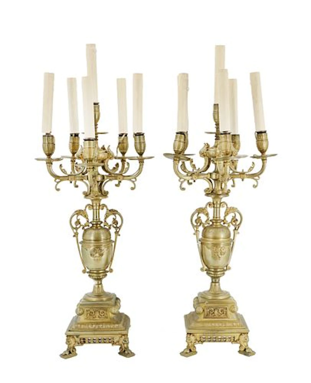 (2) Vintage Gilt Bronze Six-Sconce Electrified Candelabras