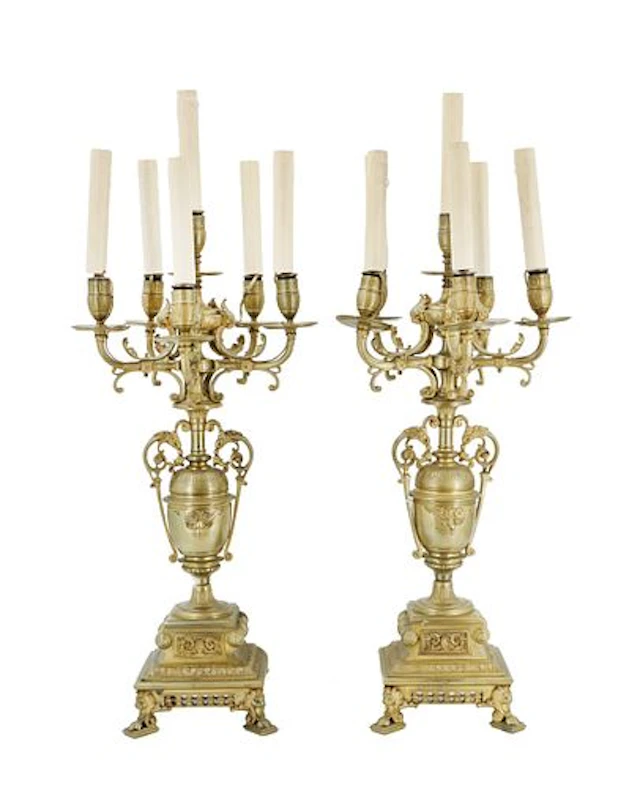 (2) Vintage Gilt Bronze Six-Sconce Electrified Candelabras
