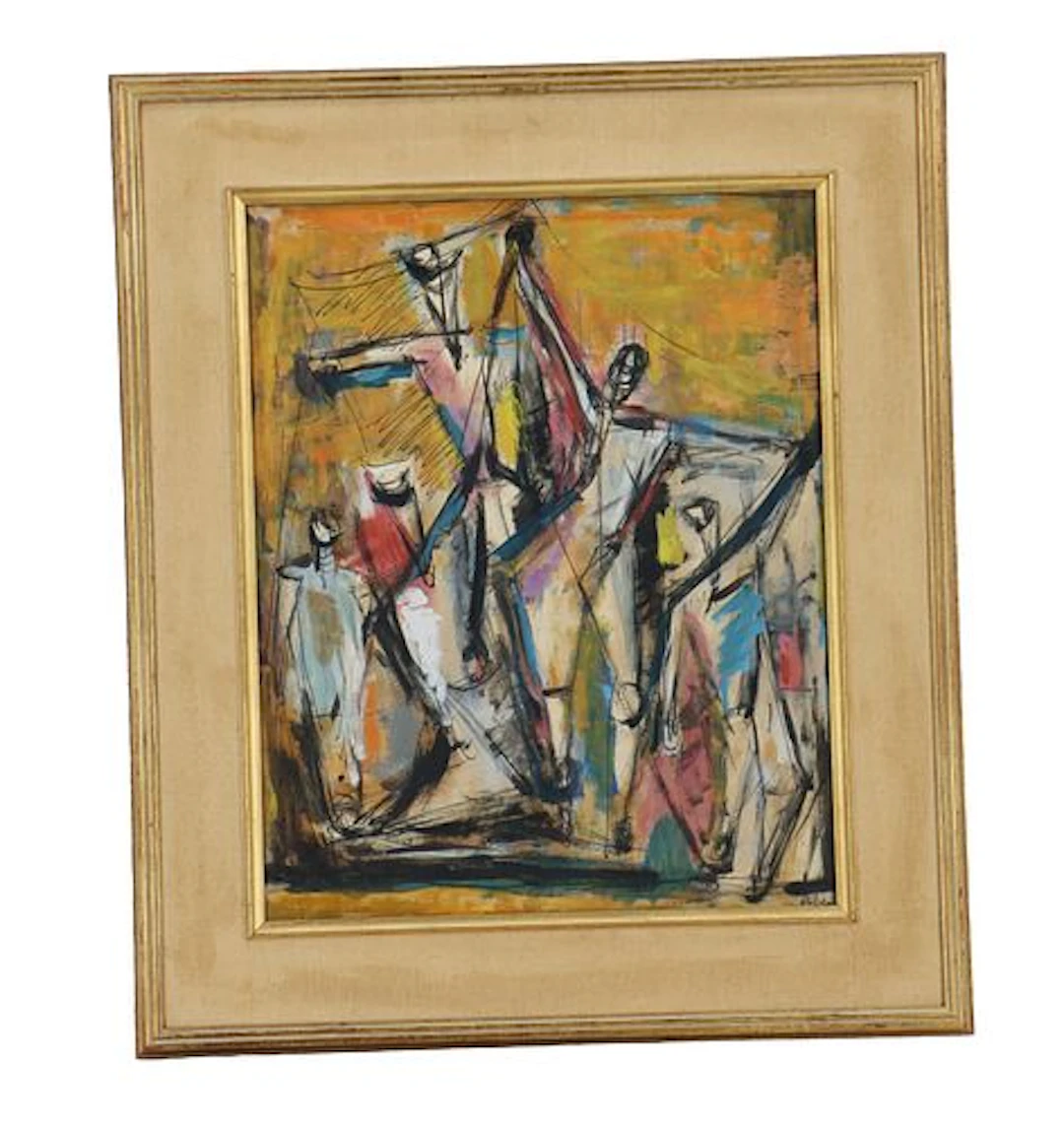Mid-Century Abstract Expressionist Mixed Media Composition with Figures