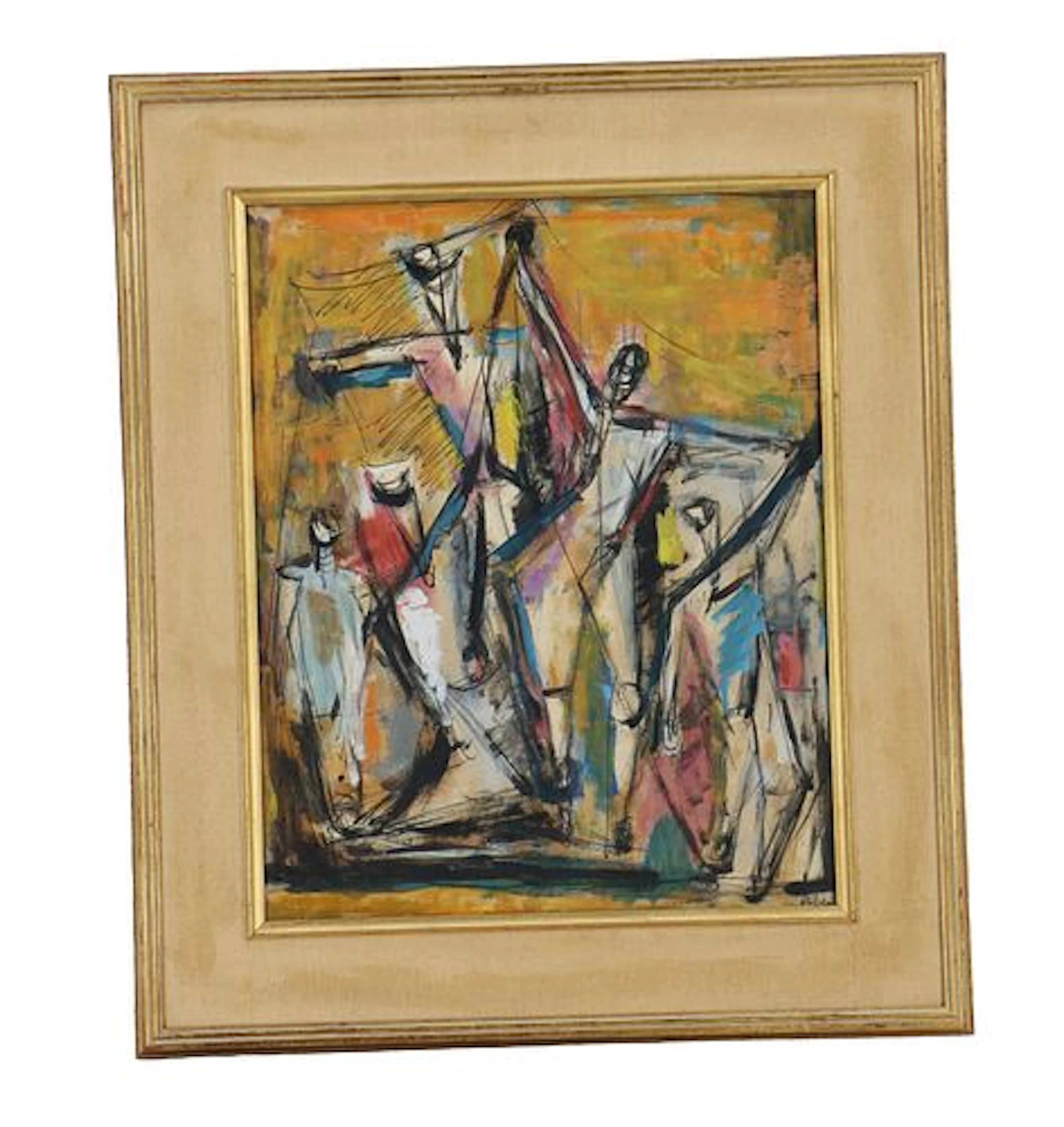 Mid-Century Abstract Expressionist Mixed Media Composition with Figures