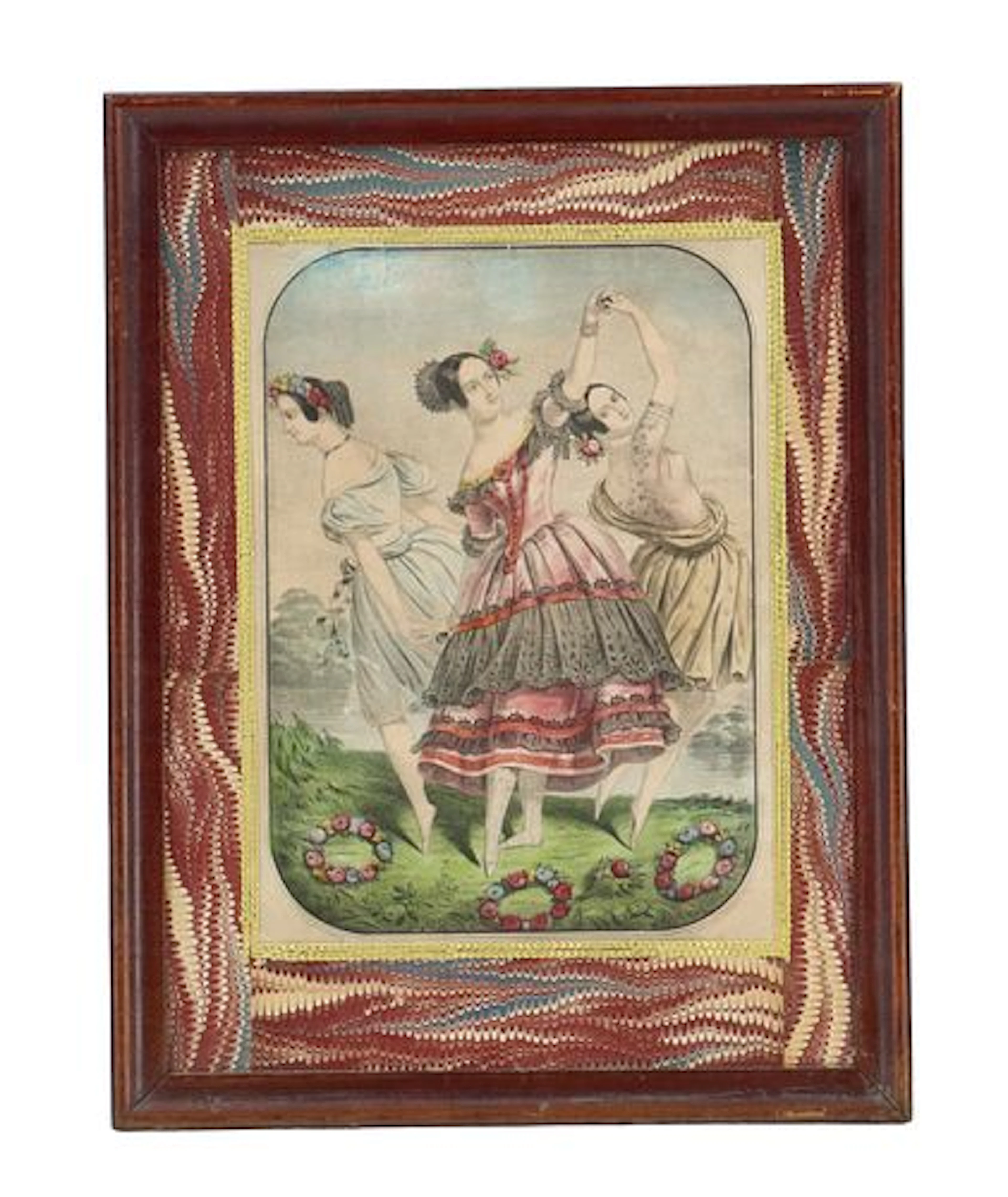 1845 Currier & Ives Hand Painted Figural Lithograph "The Three Graces"