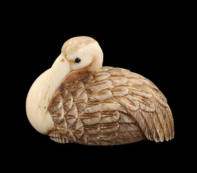 Antique Japanese Carved Bone Katabori Netsuke of a Heron
