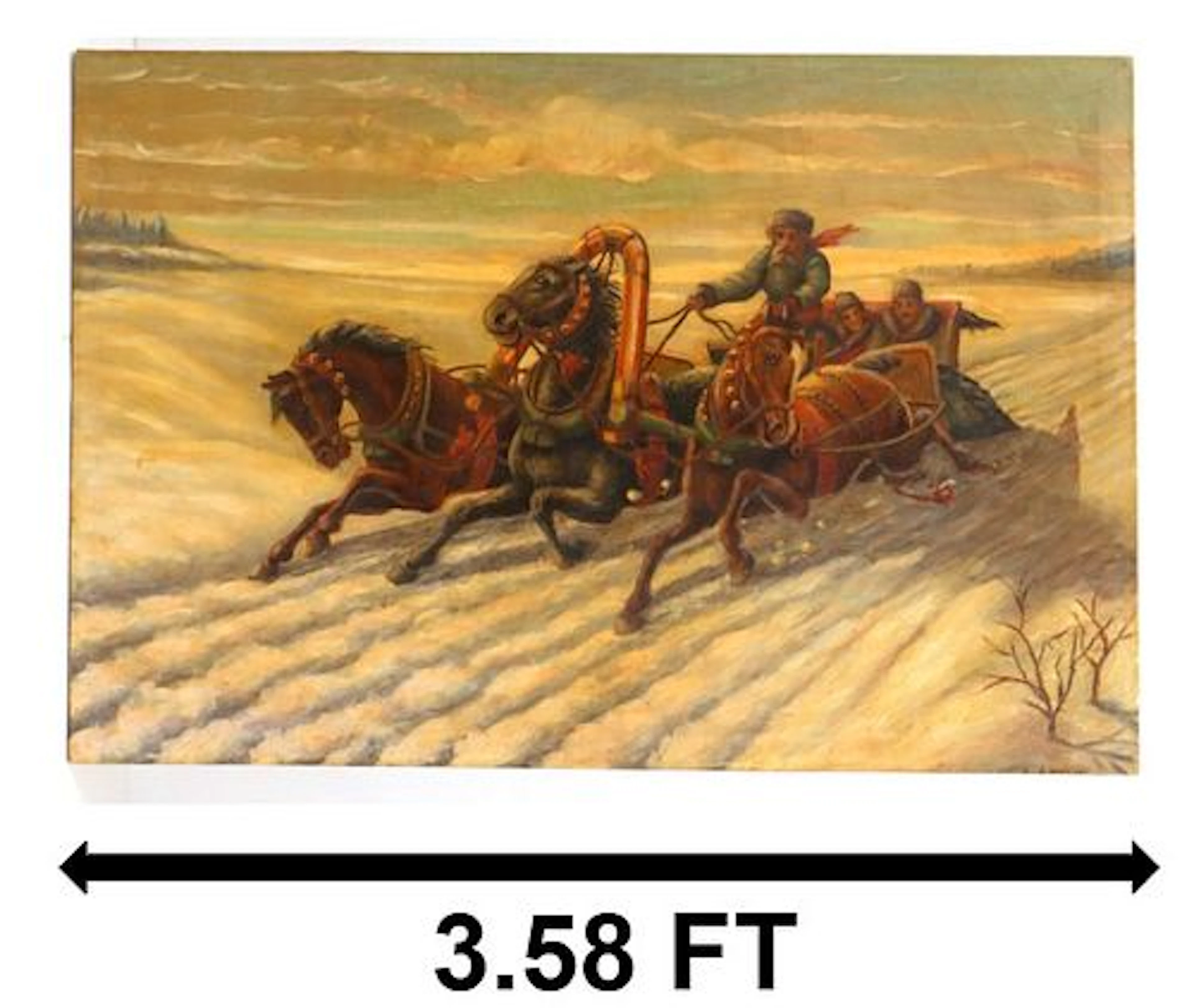 Late 19th/Early 20th Russian Oil on Canvas Troika Winter Scene
