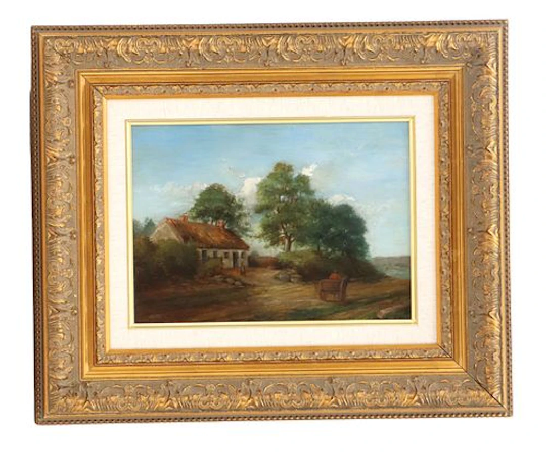 Brown (19th Century) British, "Cottage Landscape with Traveler" Oil on Board