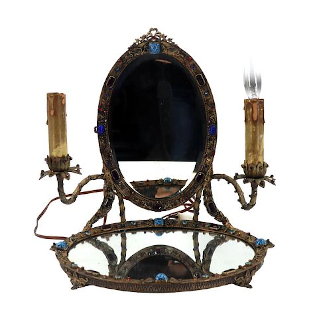 Unique Antique German Bejeweled Electrified Table Mirror Vanity