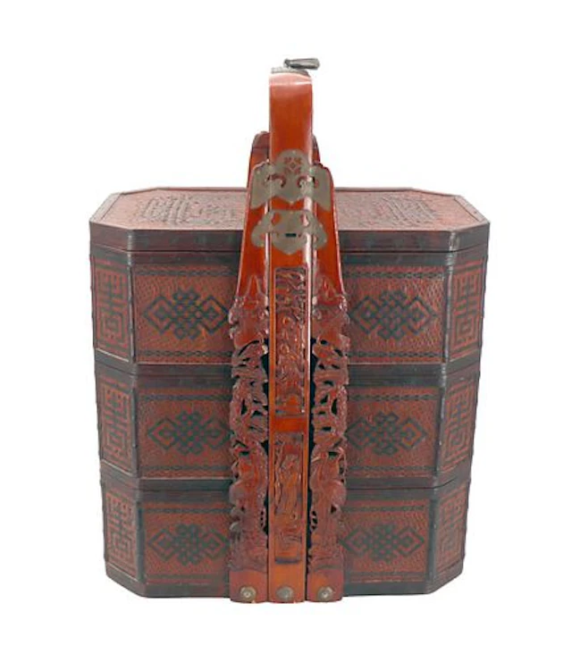 Large Vintage Chinese Red Lacquered Wood and Wicker Three Tier Wedding Basket