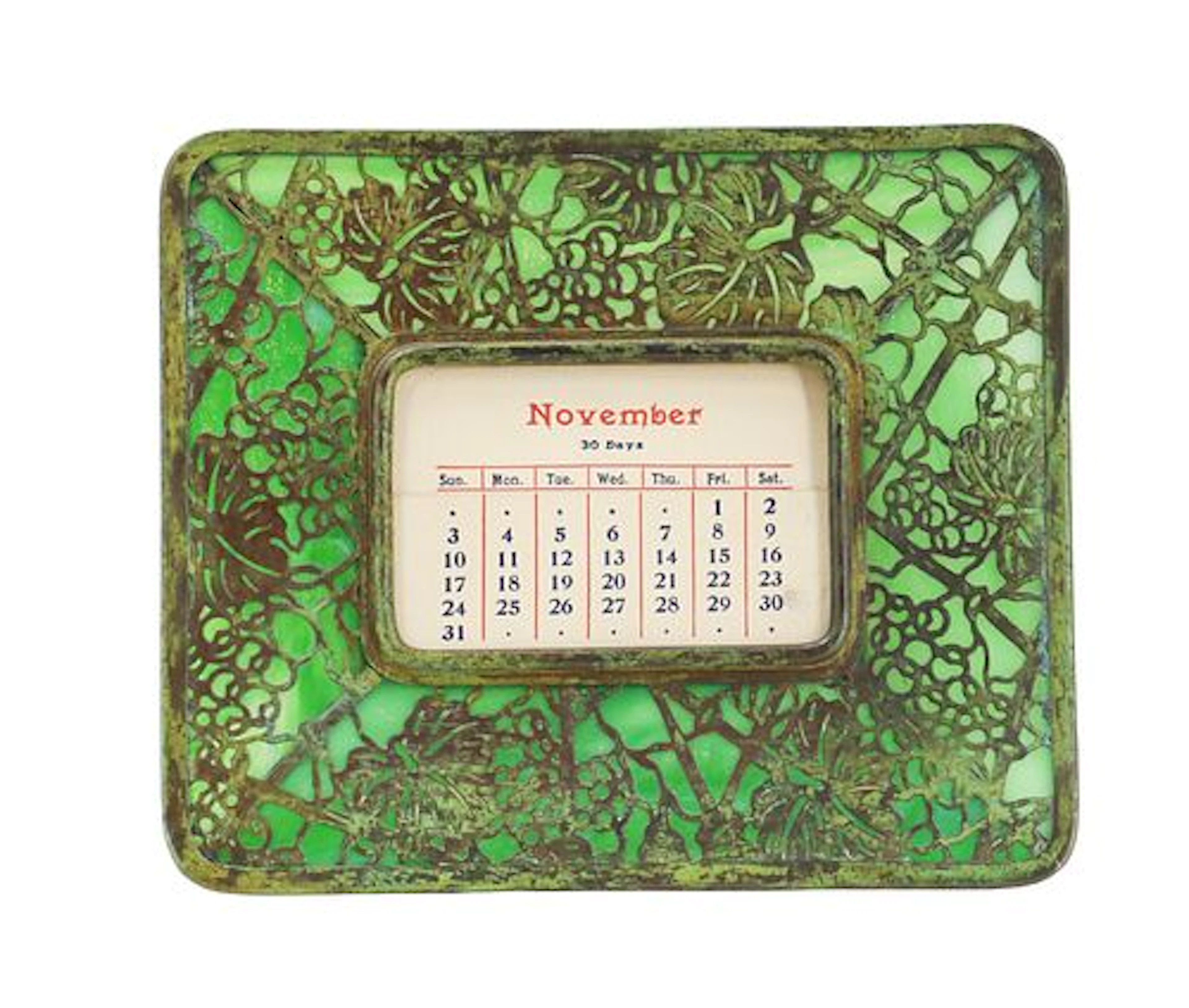 Tiffany Studios New York Bronze and Green Slag Glass Grapevine Pattern