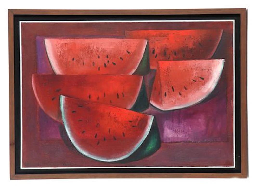 Irma Griza (Born 1933) Mexican, Oil on Canvas "Sandias Sobre Seguro"