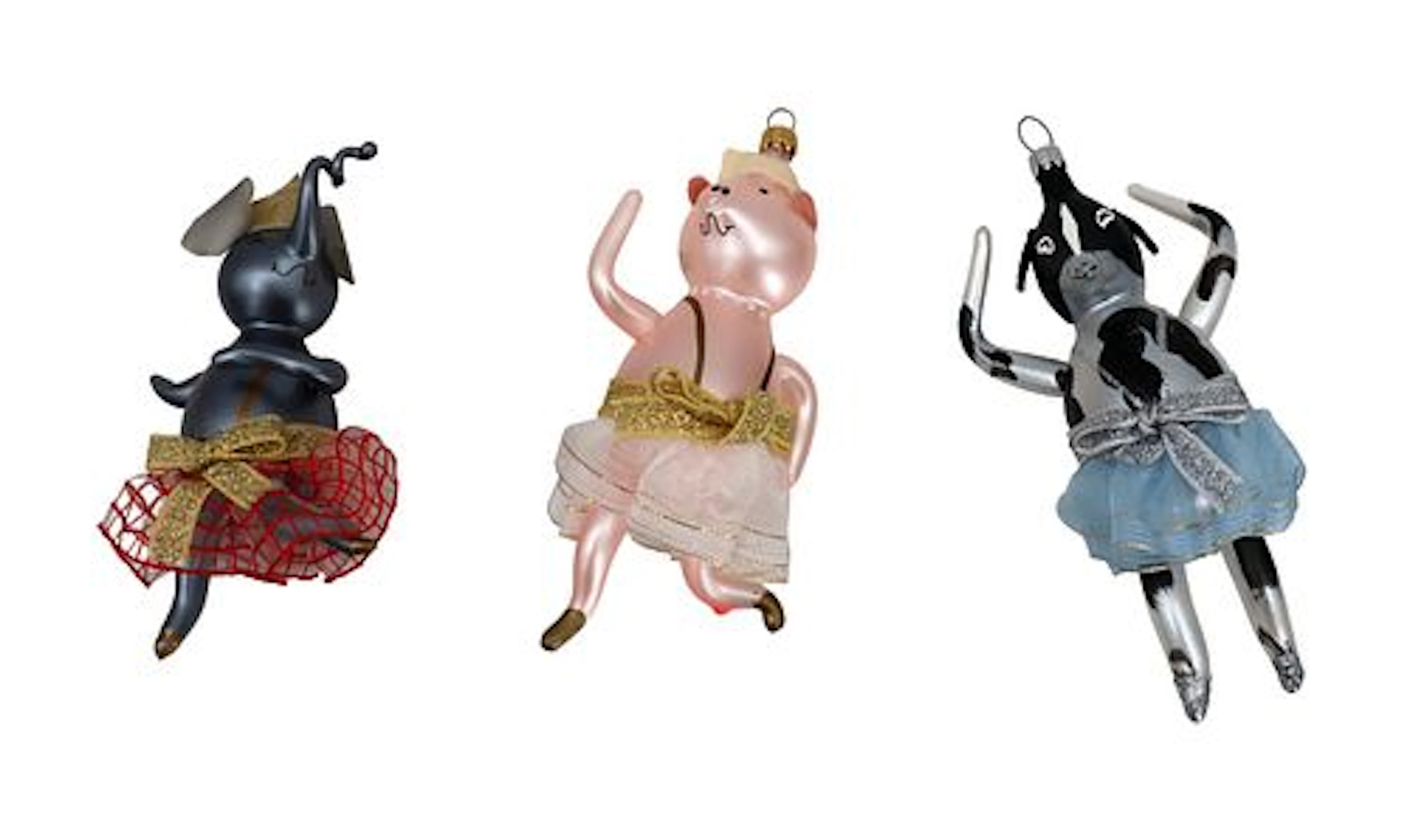 (3) Vintage DeCarlini Hand Blow Glass Animal Ballerina Christmas Ornaments