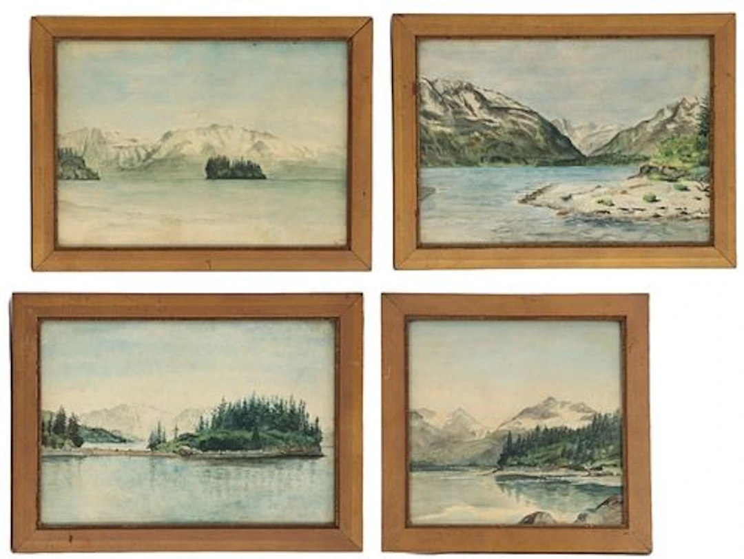 (4) Vintage Watercolor Lake and Mountain Landscapes