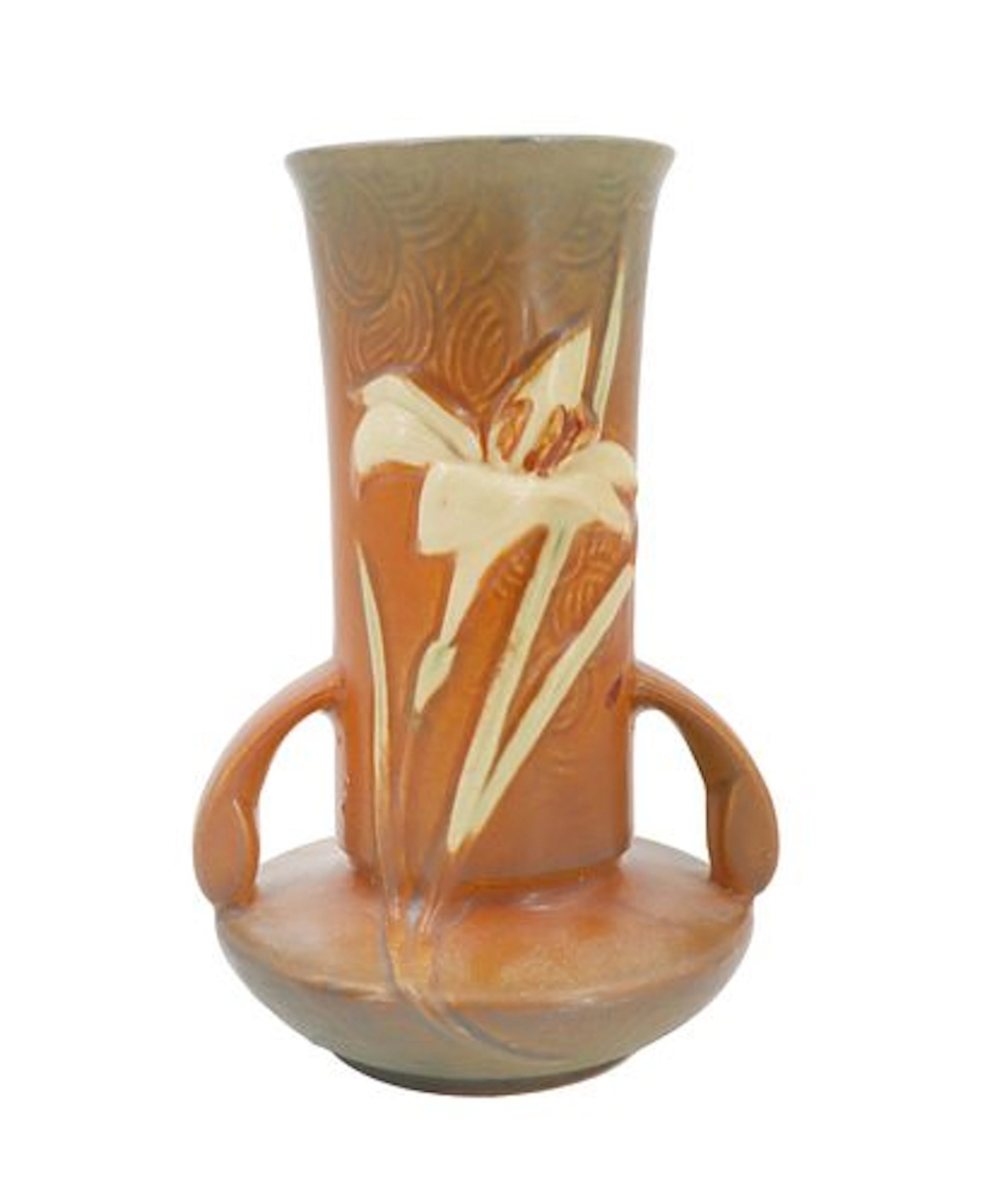 1940s Roseville Pottery Zephyr Lily Sienna/Saddle Brown Two Handle