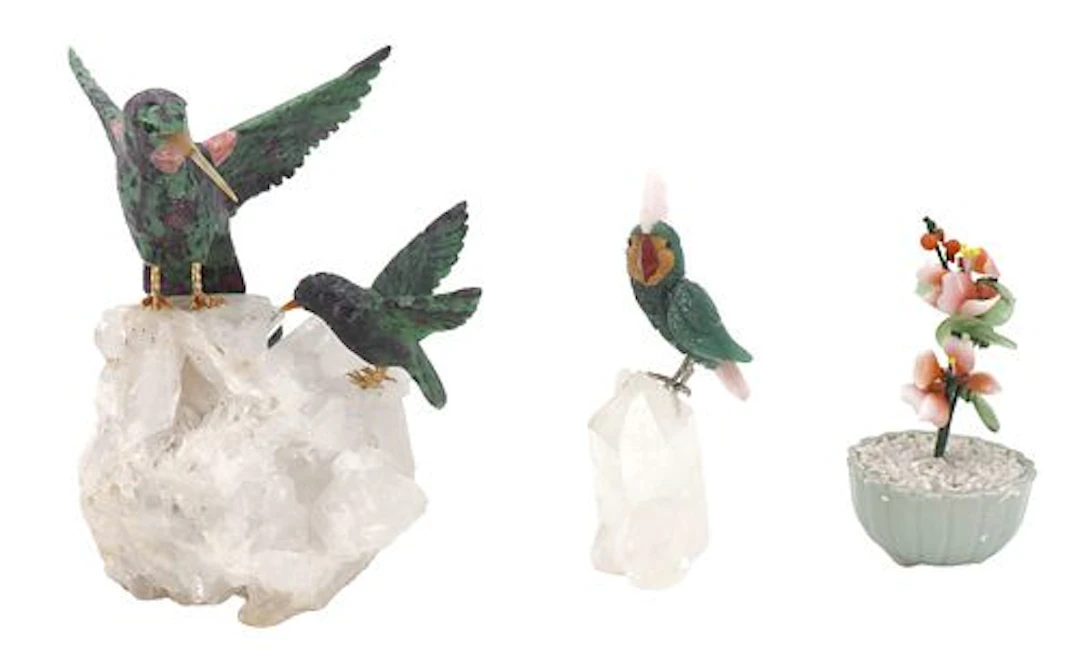 (3) Chinese Multi-Stone Hand Carved Bird and Flower Sculptures
