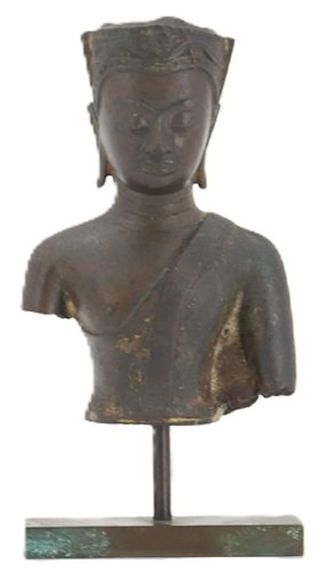 Antique Siamese Incomplete Bronze Buddha Bust on Metal Stand
